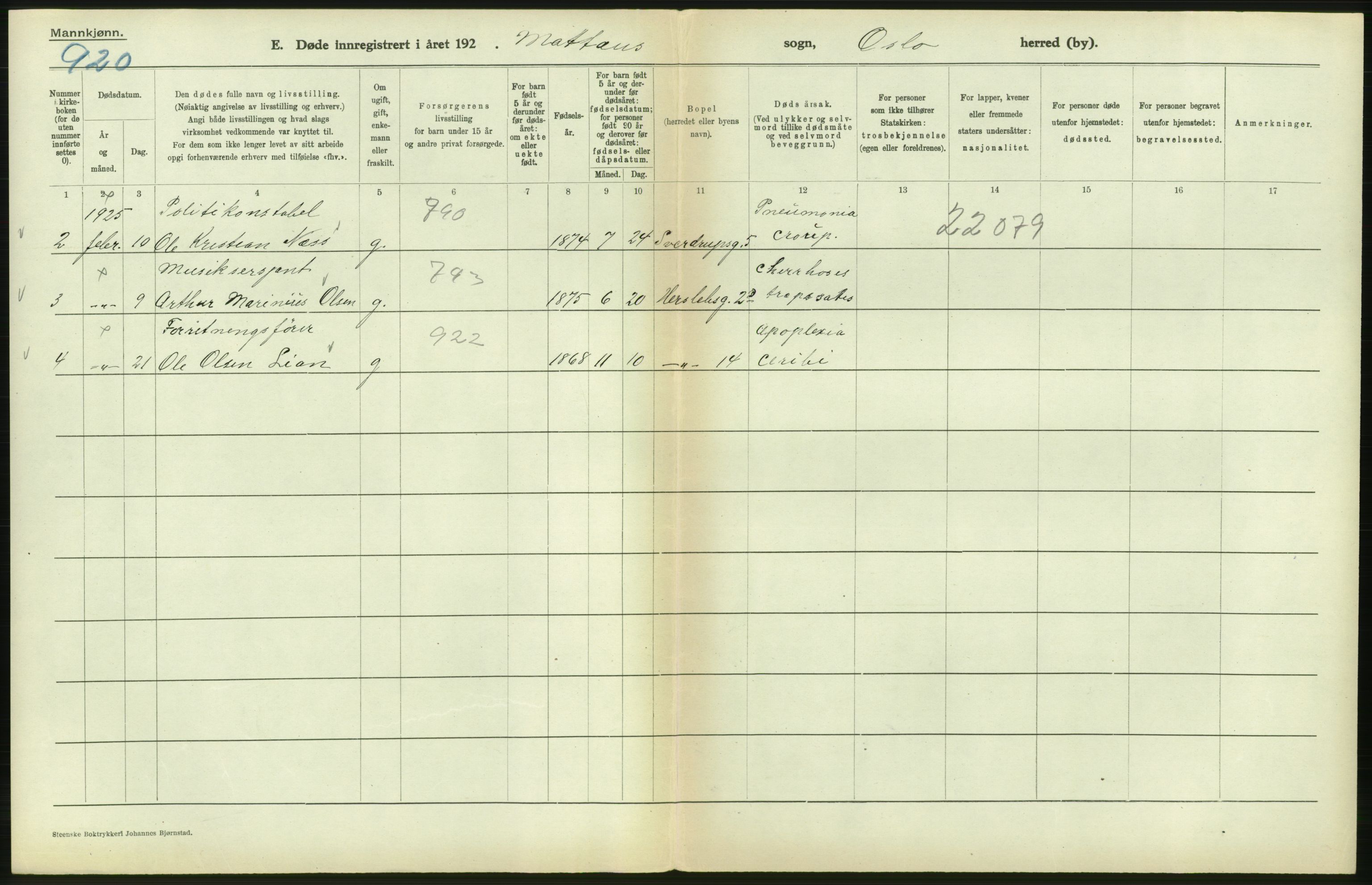 Statistisk sentralbyrå, Sosiodemografiske emner, Befolkning, AV/RA-S-2228/D/Df/Dfc/Dfce/L0009: Oslo: Døde menn, 1925, s. 330