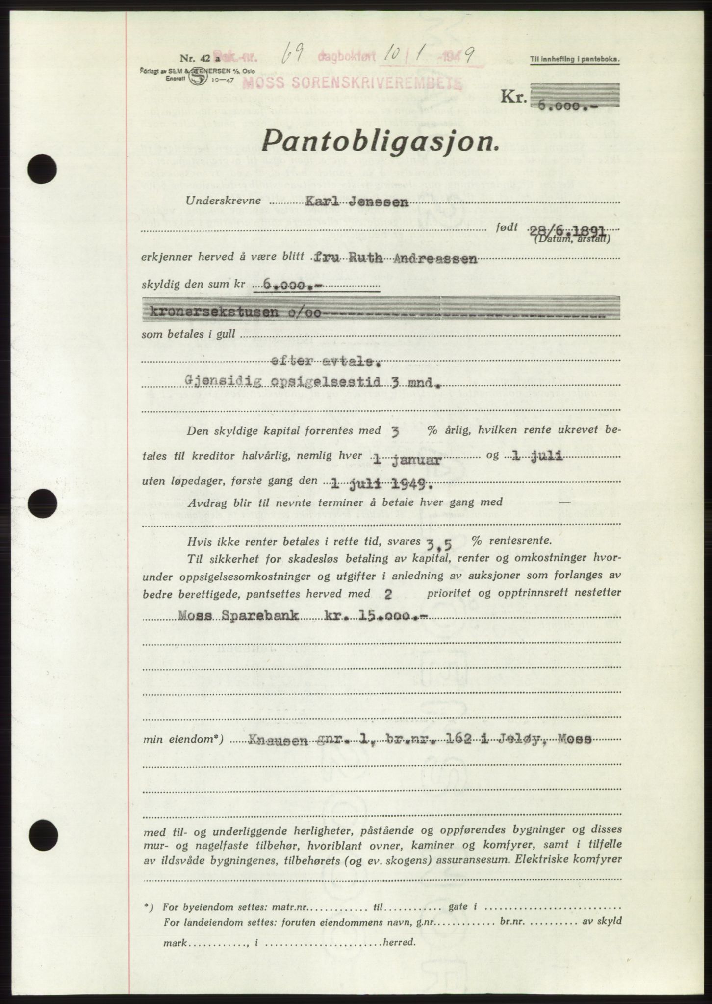 Moss sorenskriveri, SAO/A-10168: Pantebok nr. B21, 1949-1949, Dagboknr: 69/1949