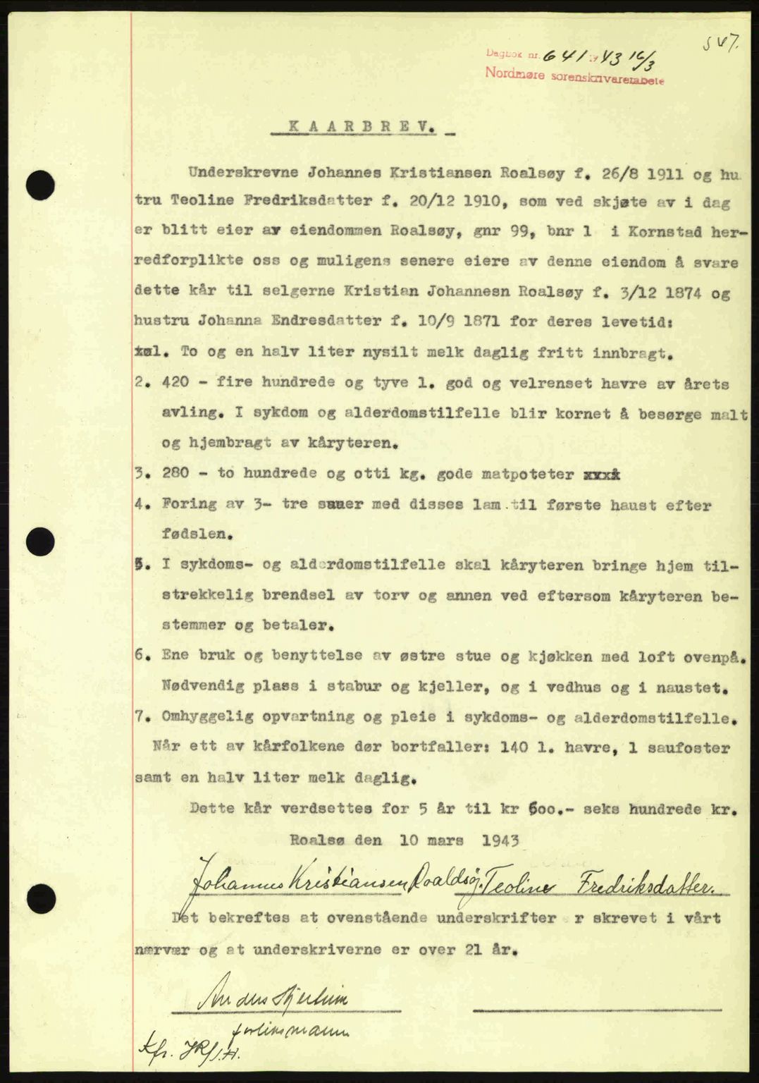 Nordmøre sorenskriveri, SAT/A-4132/1/2/2Ca: Pantebok nr. B90, 1942-1943, Dagboknr: 641/1943