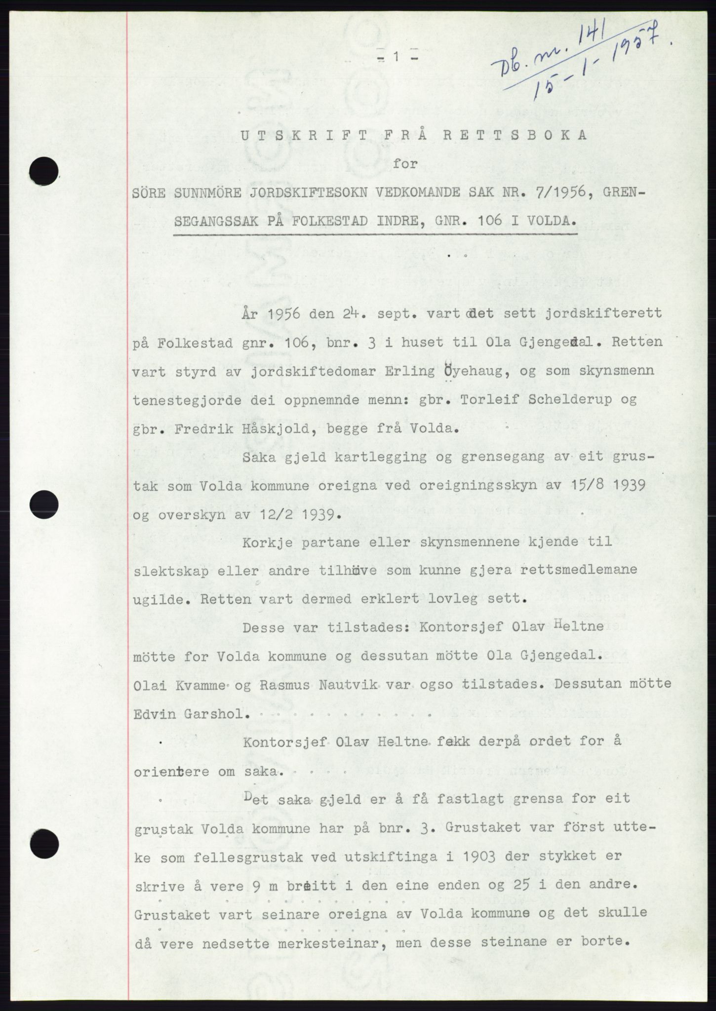 Søre Sunnmøre sorenskriveri, SAT/A-4122/1/2/2C/L0105: Pantebok nr. 31A, 1956-1957, Dagboknr: 141/1957