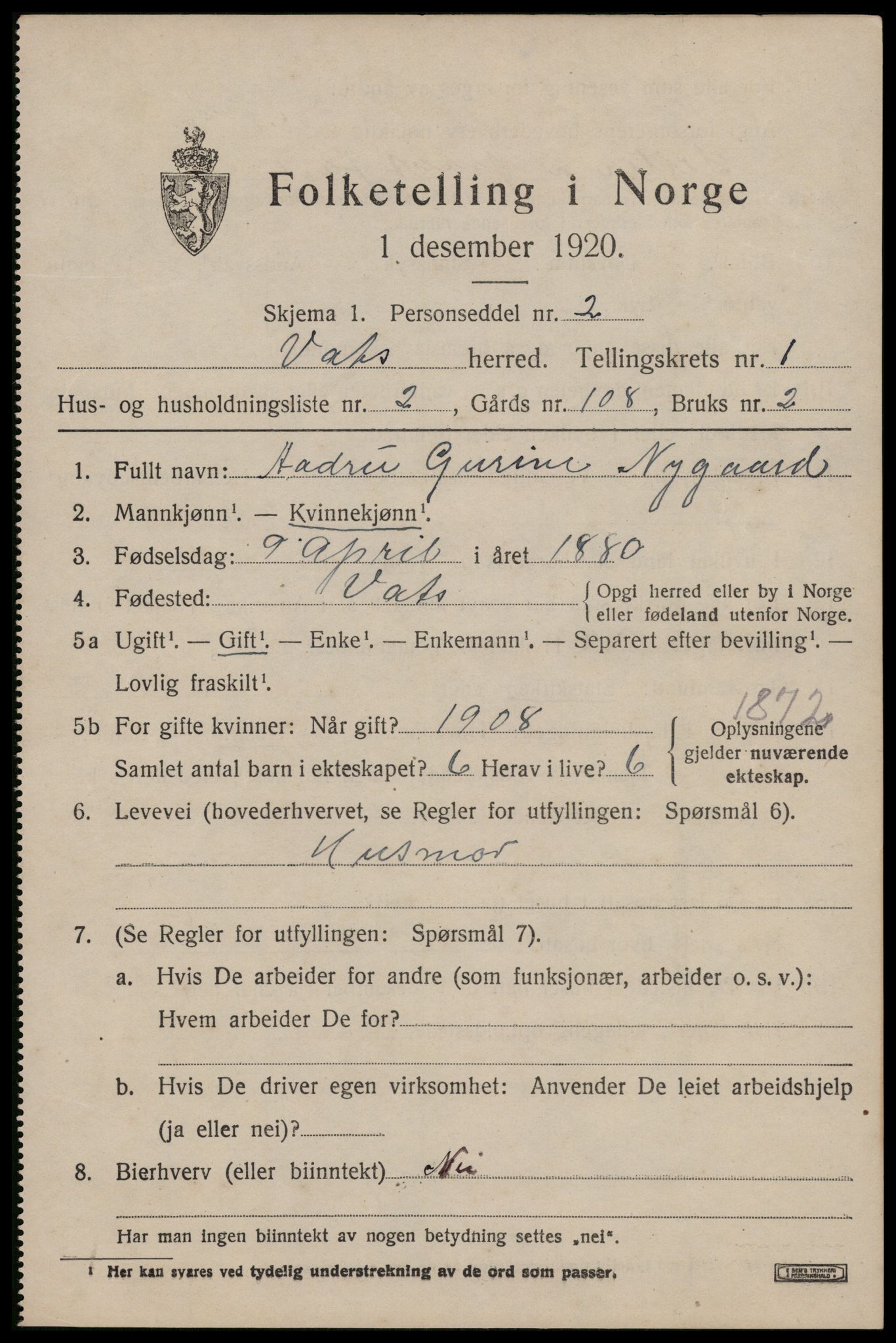 SAST, Folketelling 1920 for 1155 Vats herred, 1920, s. 511