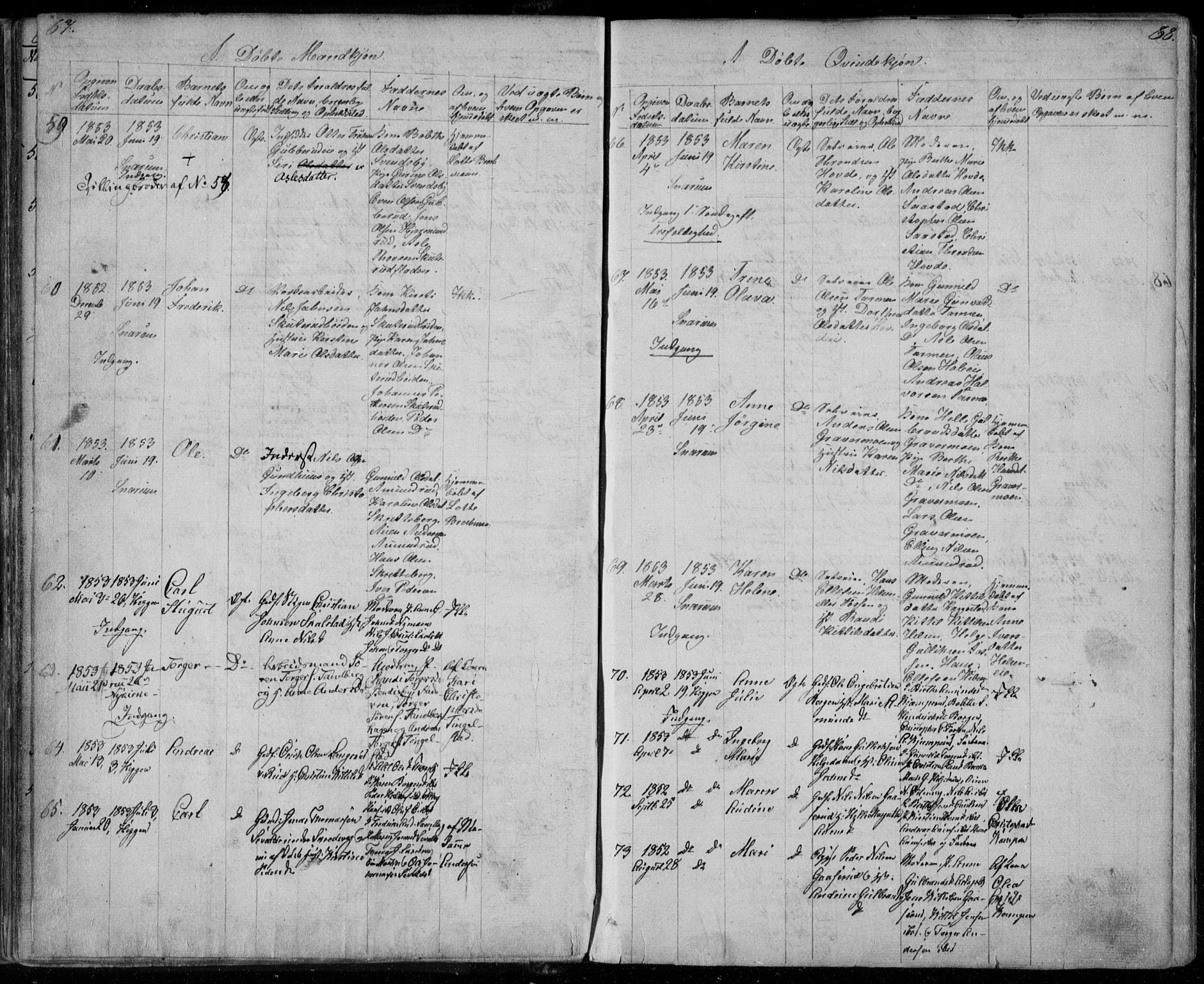 Modum kirkebøker, AV/SAKO-A-234/F/Fa/L0008: Ministerialbok nr. 8, 1851-1859, s. 67-68