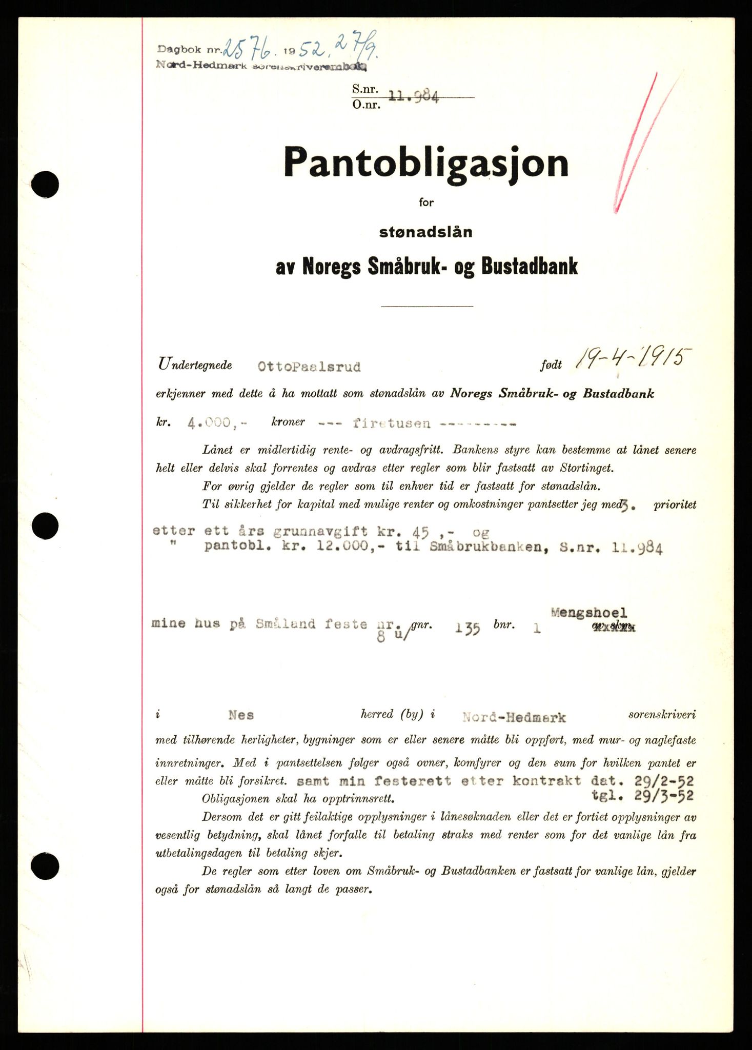 Nord-Hedmark sorenskriveri, SAH/TING-012/H/Hb/Hbf/L0025: Pantebok nr. B25, 1952-1952, Dagboknr: 2576/1952