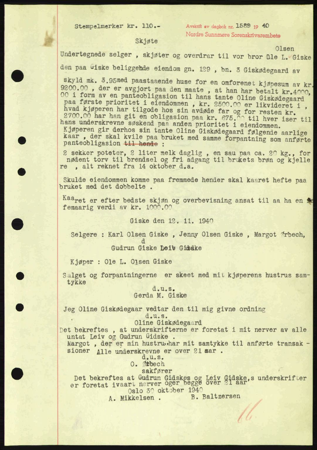 Nordre Sunnmøre sorenskriveri, AV/SAT-A-0006/1/2/2C/2Ca: Pantebok nr. A10, 1940-1941, Dagboknr: 1589/1940