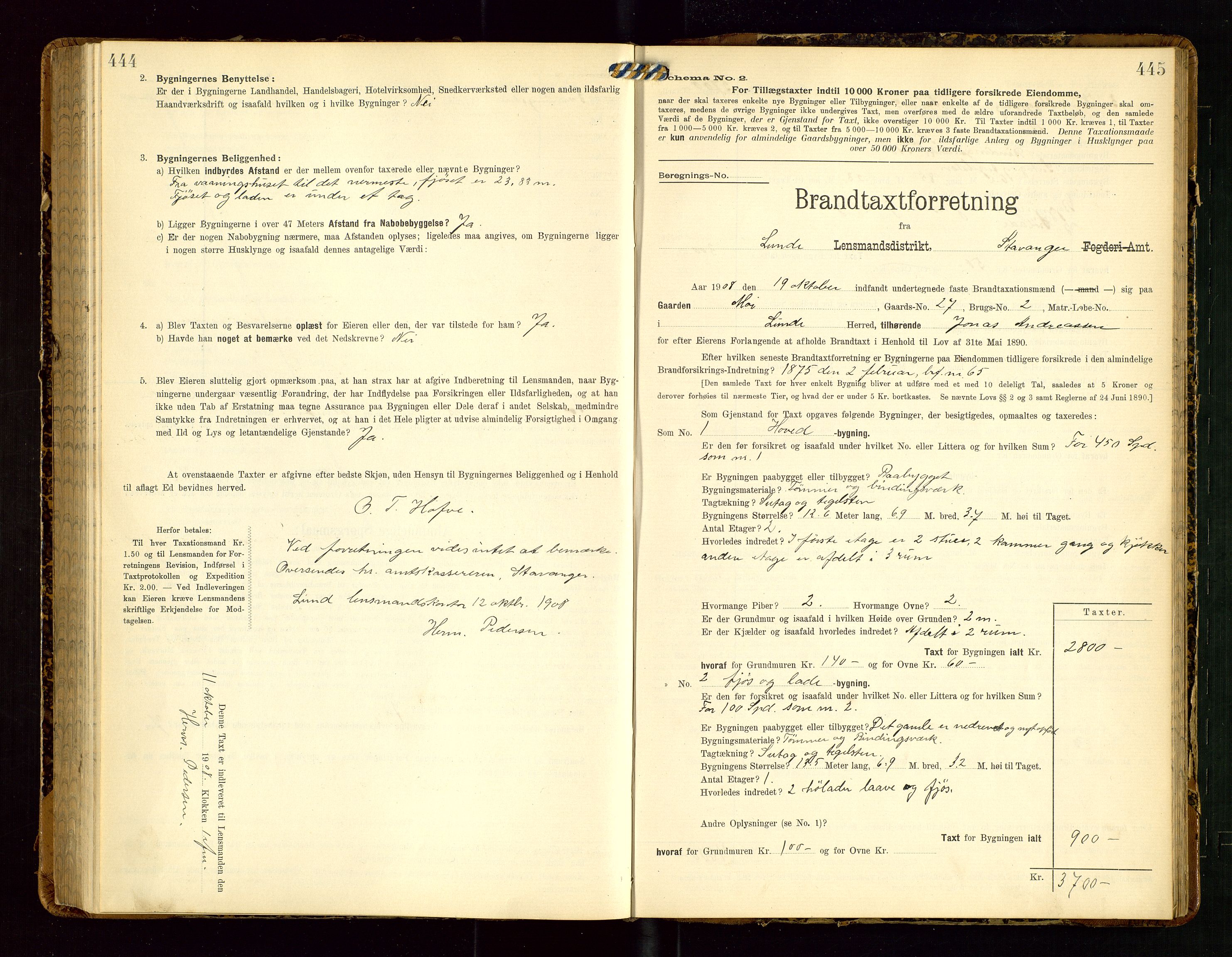 Lund lensmannskontor, SAST/A-100303/Gob/L0002: "Brandtakstprotokol", 1908-1918, s. 444-445