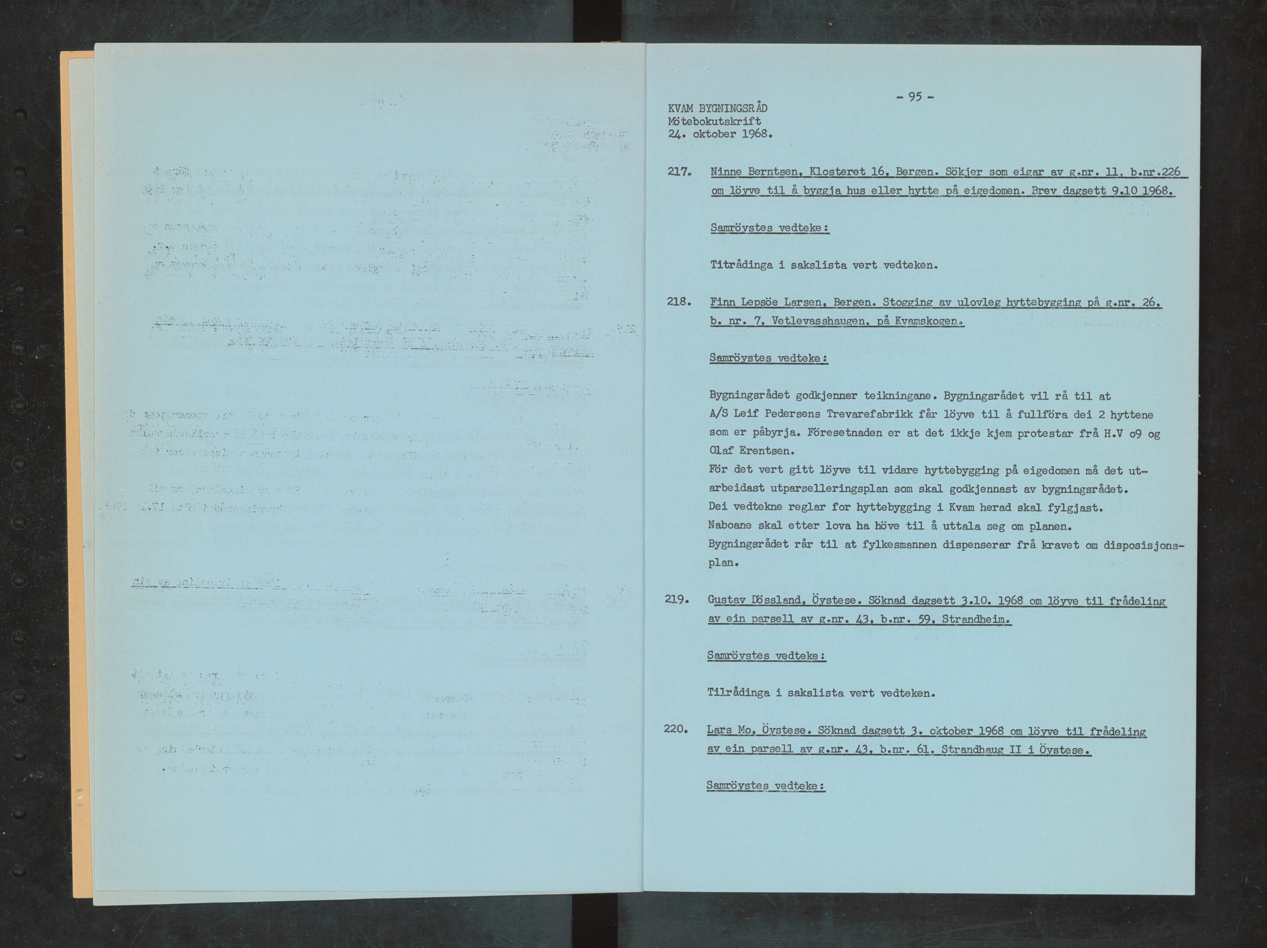 Kvam herad. Bygningsrådet, IKAH/1238-511/A/Ab/L0005: Utskrift av møtebok for Kvam bygningsråd, 1968