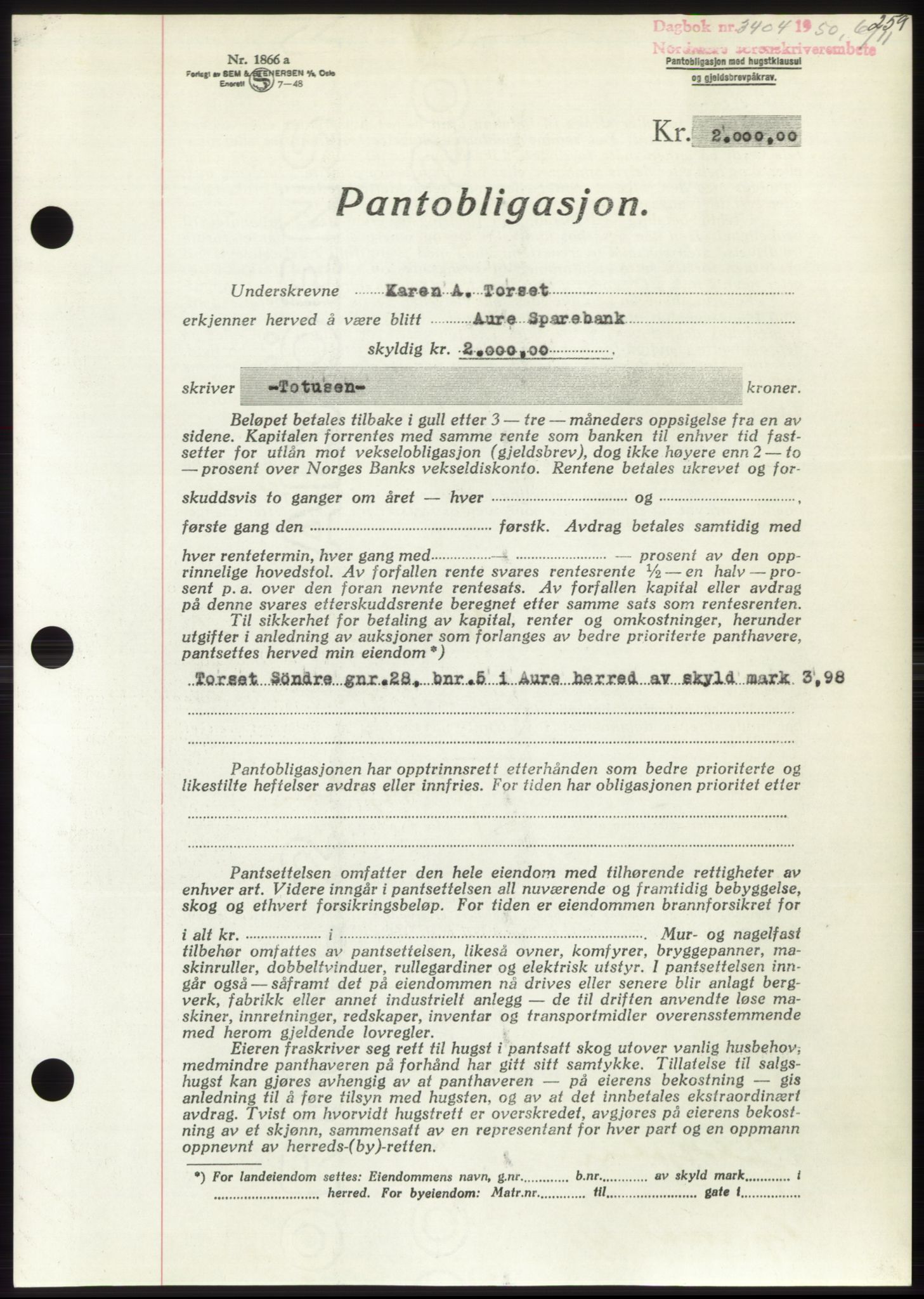 Nordmøre sorenskriveri, SAT/A-4132/1/2/2Ca: Pantebok nr. B106, 1950-1950, Dagboknr: 3404/1950