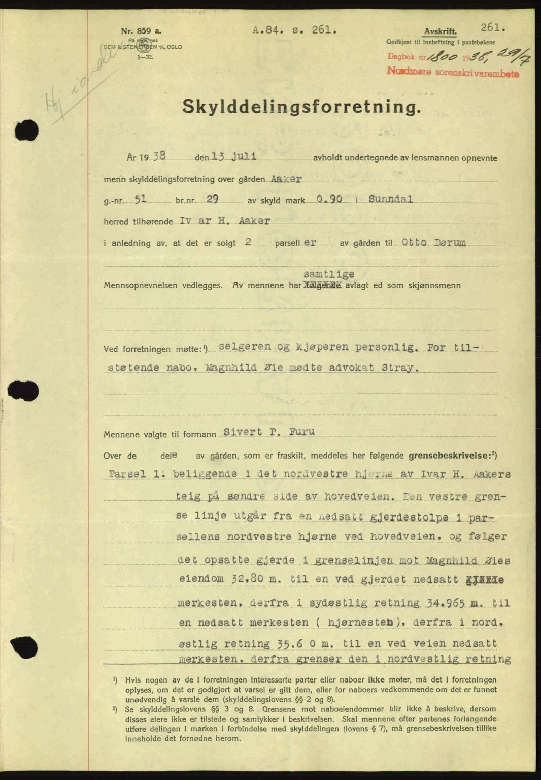 Nordmøre sorenskriveri, SAT/A-4132/1/2/2Ca: Pantebok nr. A84, 1938-1938, Dagboknr: 1800/1938