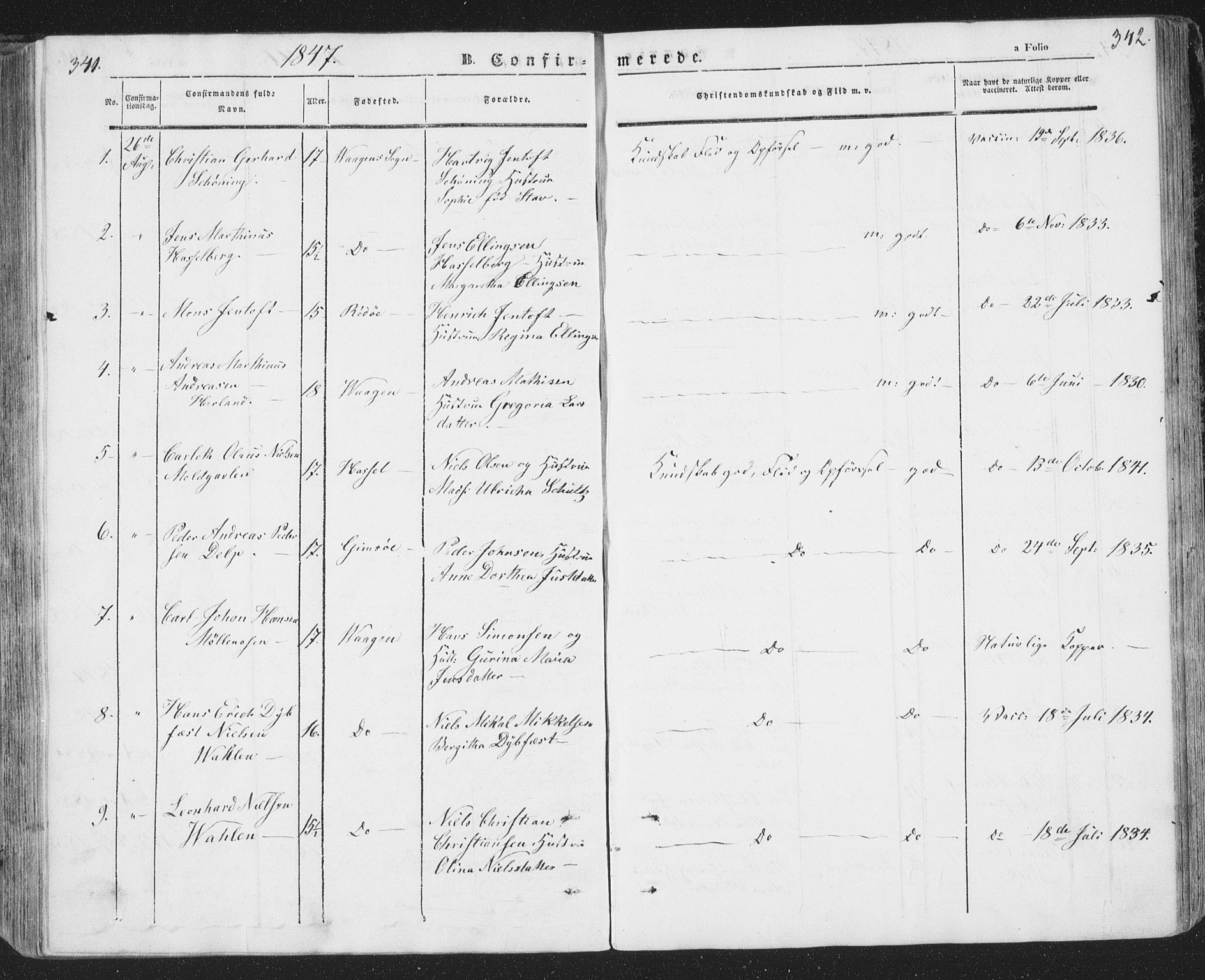 Ministerialprotokoller, klokkerbøker og fødselsregistre - Nordland, AV/SAT-A-1459/874/L1072: Klokkerbok nr. 874C01, 1843-1859, s. 341-342