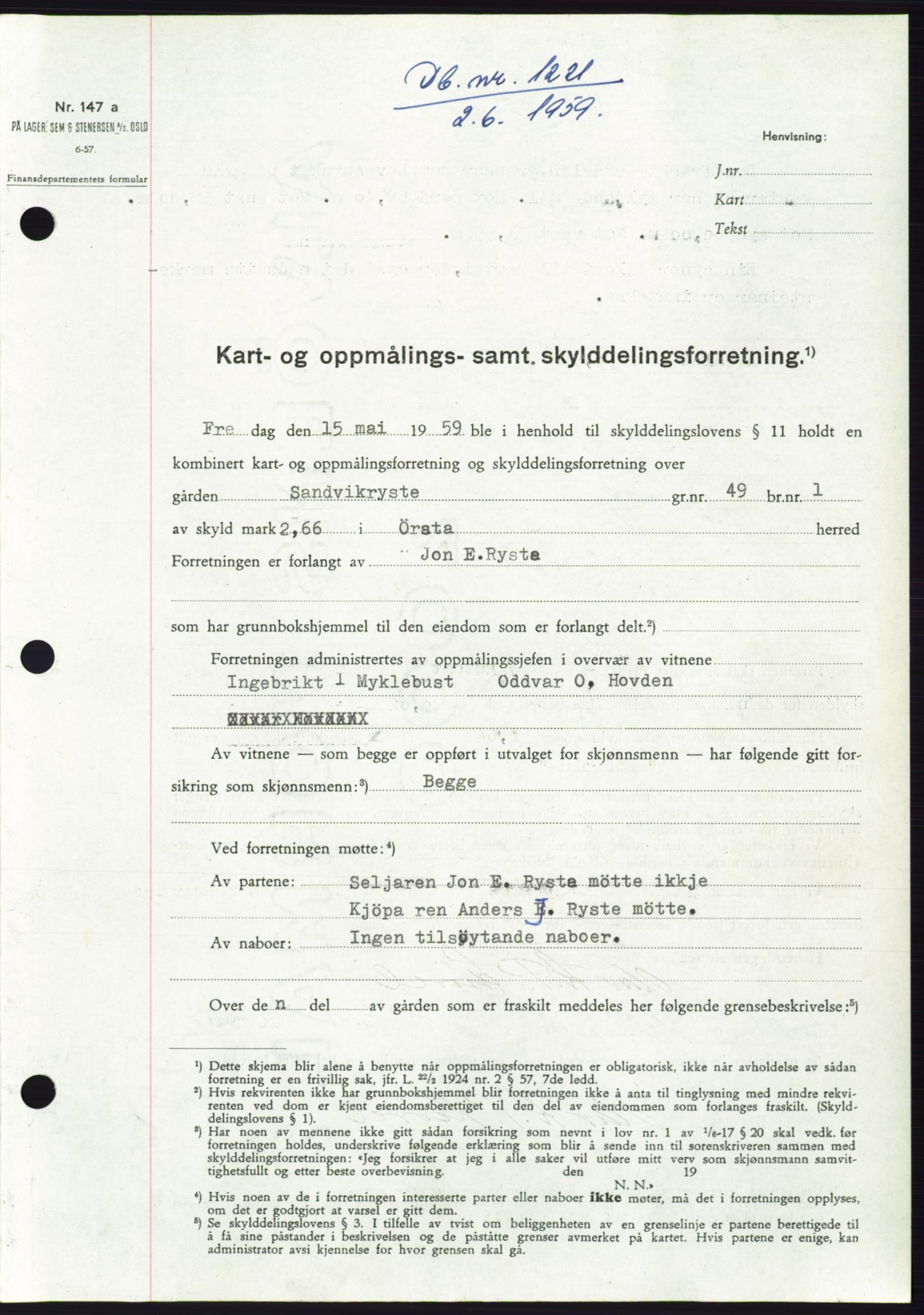 Søre Sunnmøre sorenskriveri, SAT/A-4122/1/2/2C/L0112: Pantebok nr. 38A, 1959-1959, Dagboknr: 1221/1959