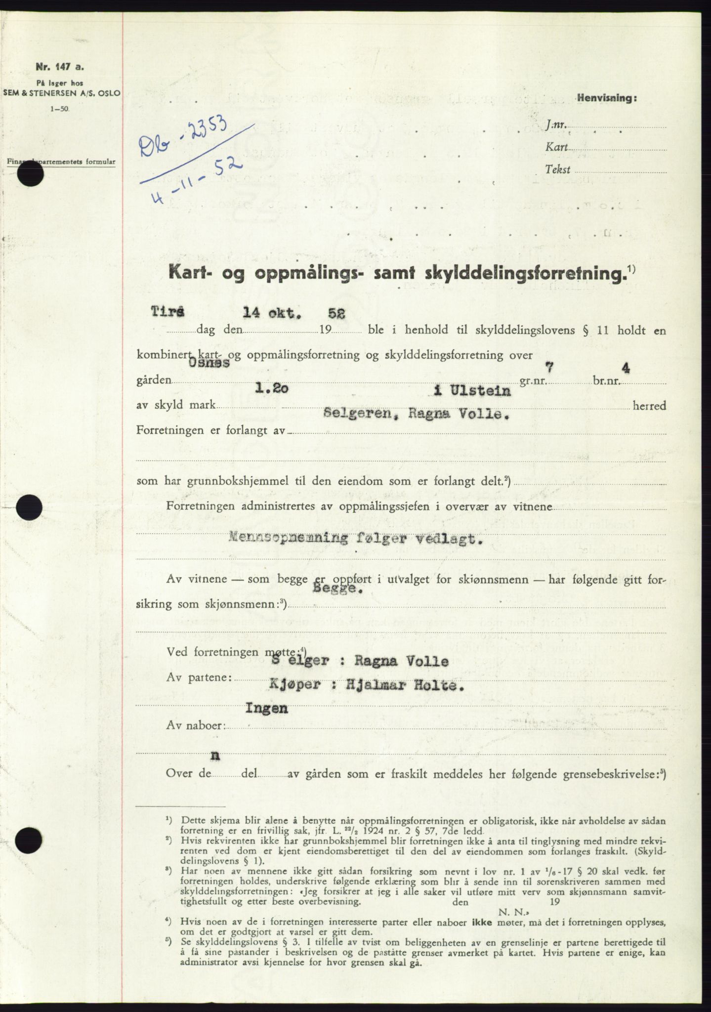 Søre Sunnmøre sorenskriveri, AV/SAT-A-4122/1/2/2C/L0093: Pantebok nr. 19A, 1952-1953, Dagboknr: 2353/1952