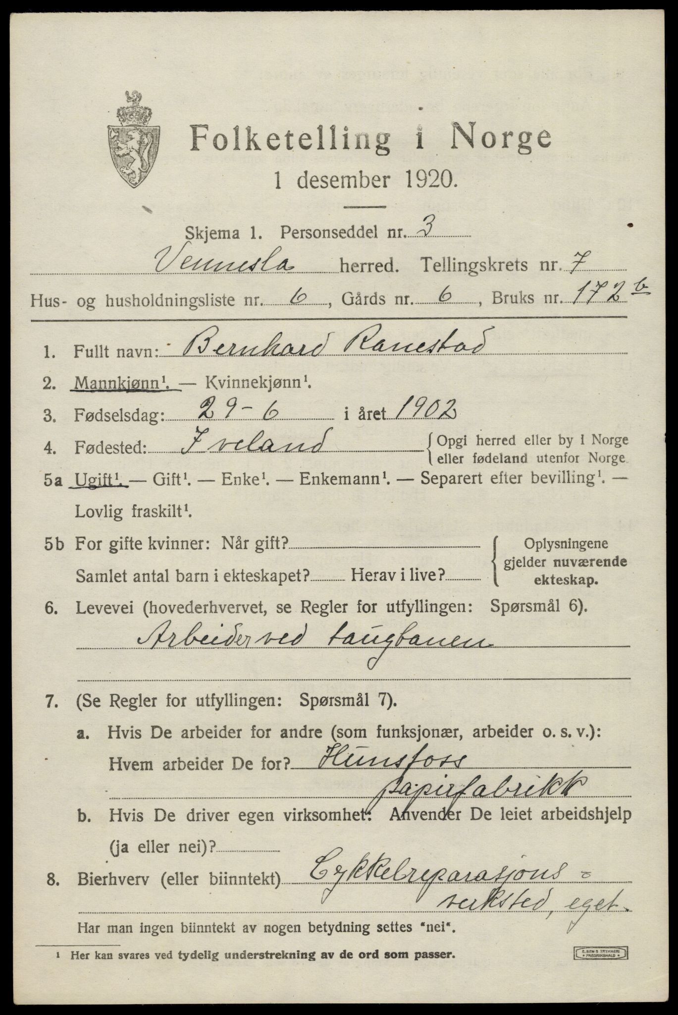 SAK, Folketelling 1920 for 1014 Vennesla herred, 1920, s. 4824
