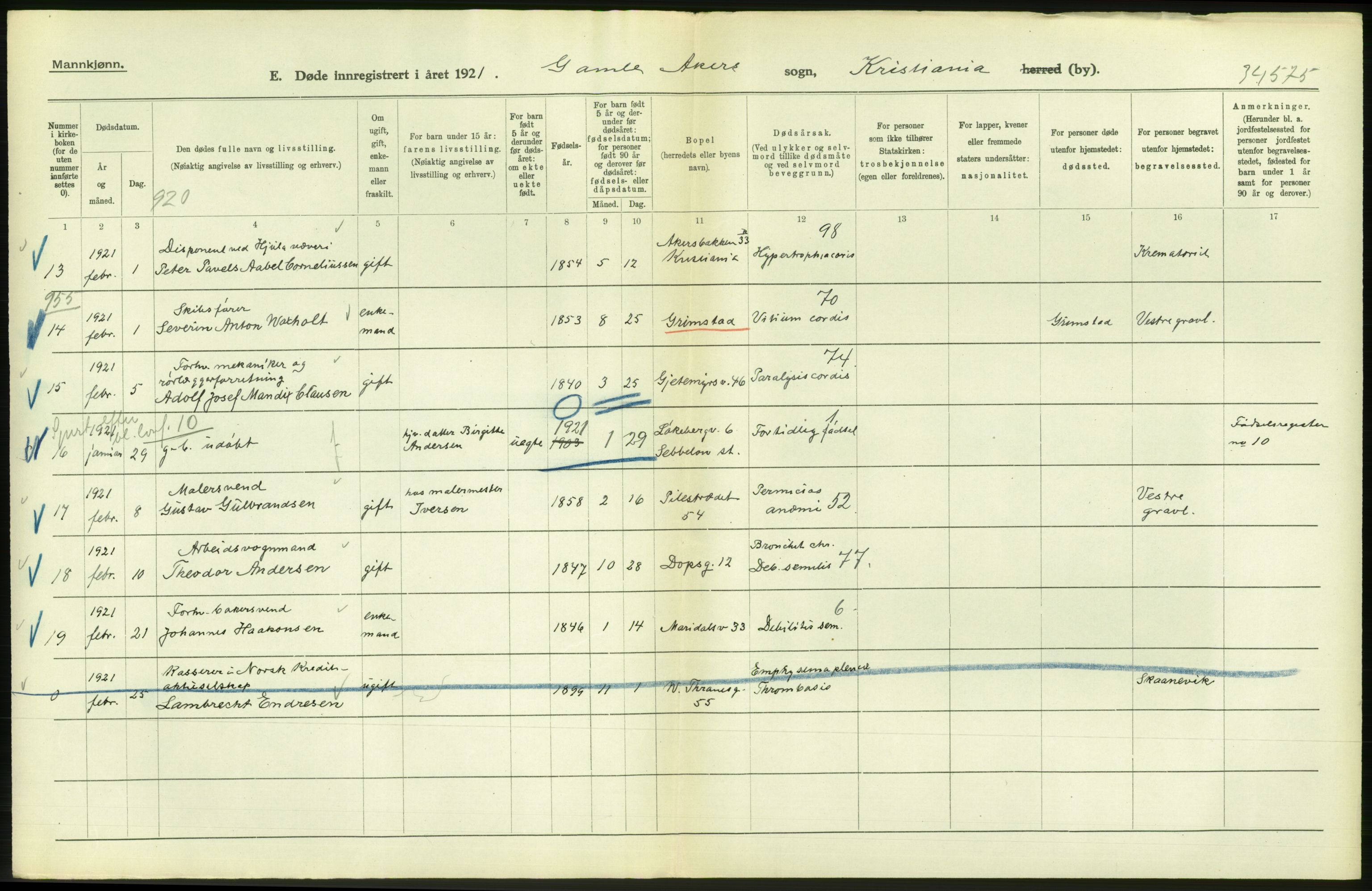 Statistisk sentralbyrå, Sosiodemografiske emner, Befolkning, AV/RA-S-2228/D/Df/Dfc/Dfca/L0012: Kristiania: Døde, 1921, s. 6