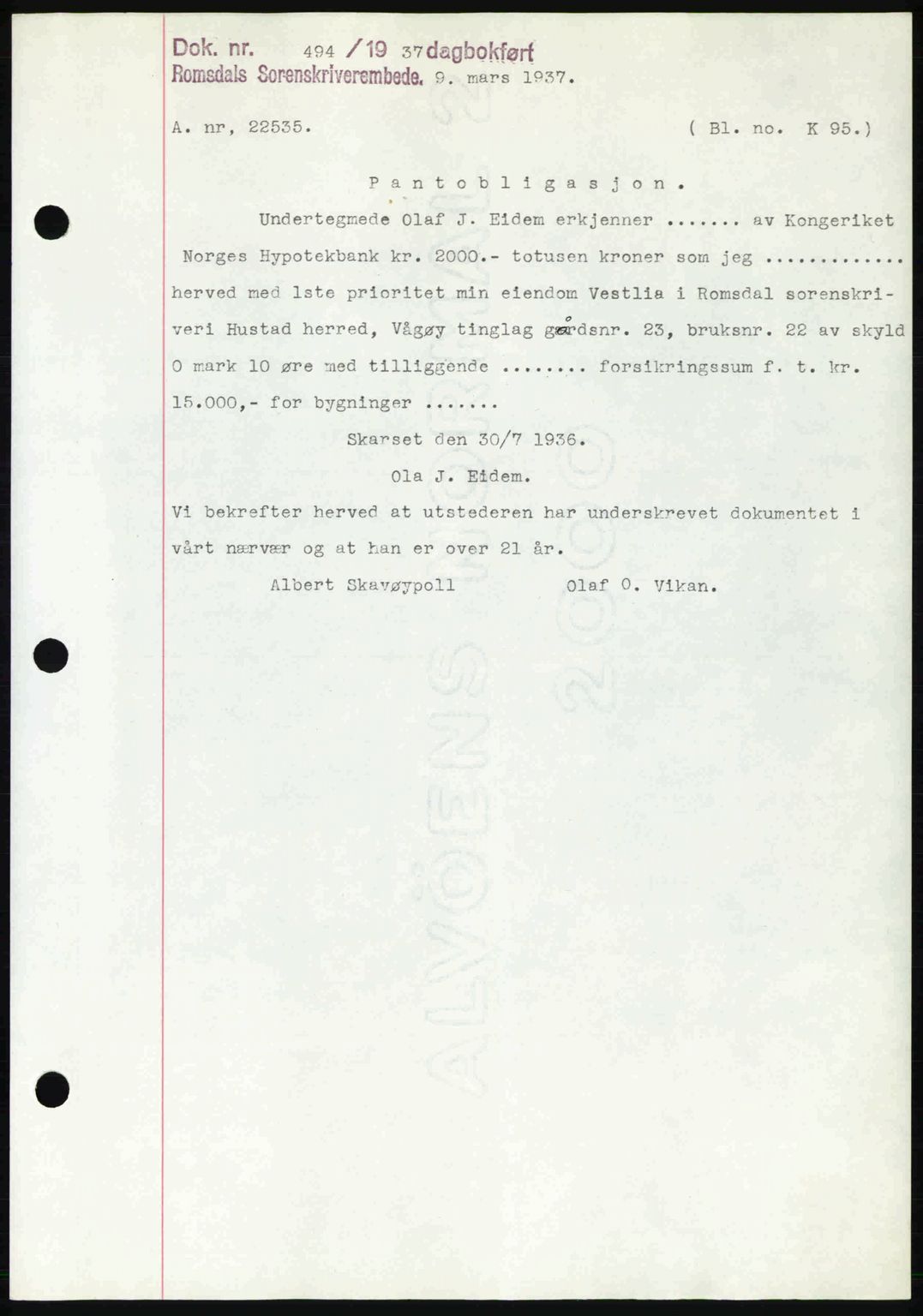 Romsdal sorenskriveri, SAT/A-4149/1/2/2C: Pantebok nr. B1, 1936-1939, Dagboknr: 494/1937