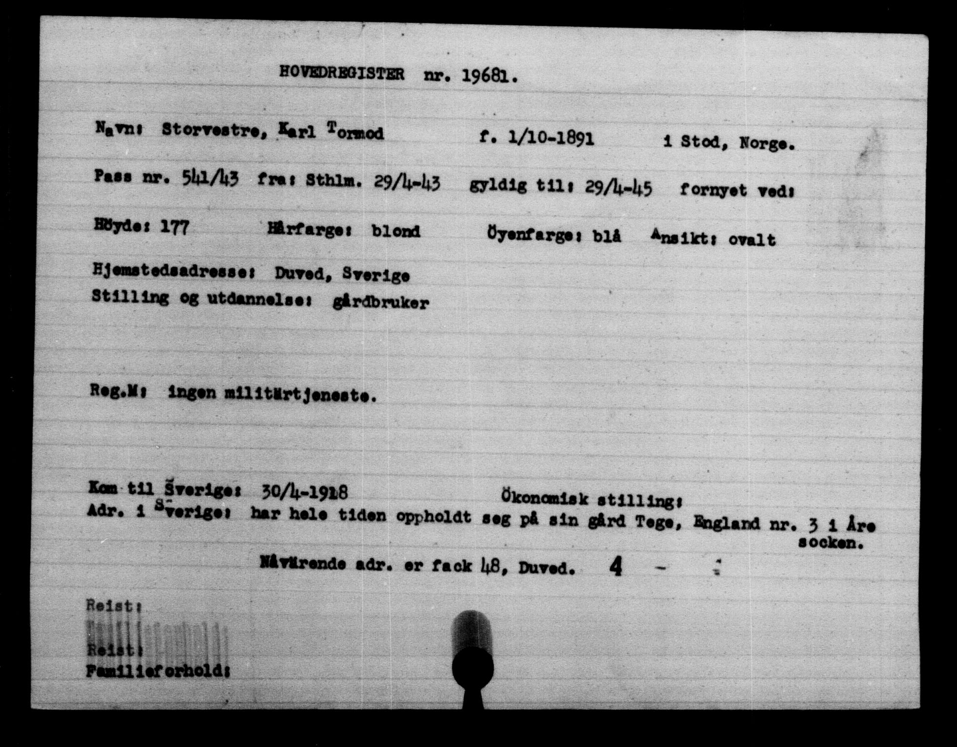 Utenriksstasjonene, Legasjonen i Stockholm, Flyktningkontoret, AV/RA-S-6753/V/Va/L0009: Kjesäterkartoteket, flyktninger med registreringsnr. 18502-22048, 1940-1945, s. 1336