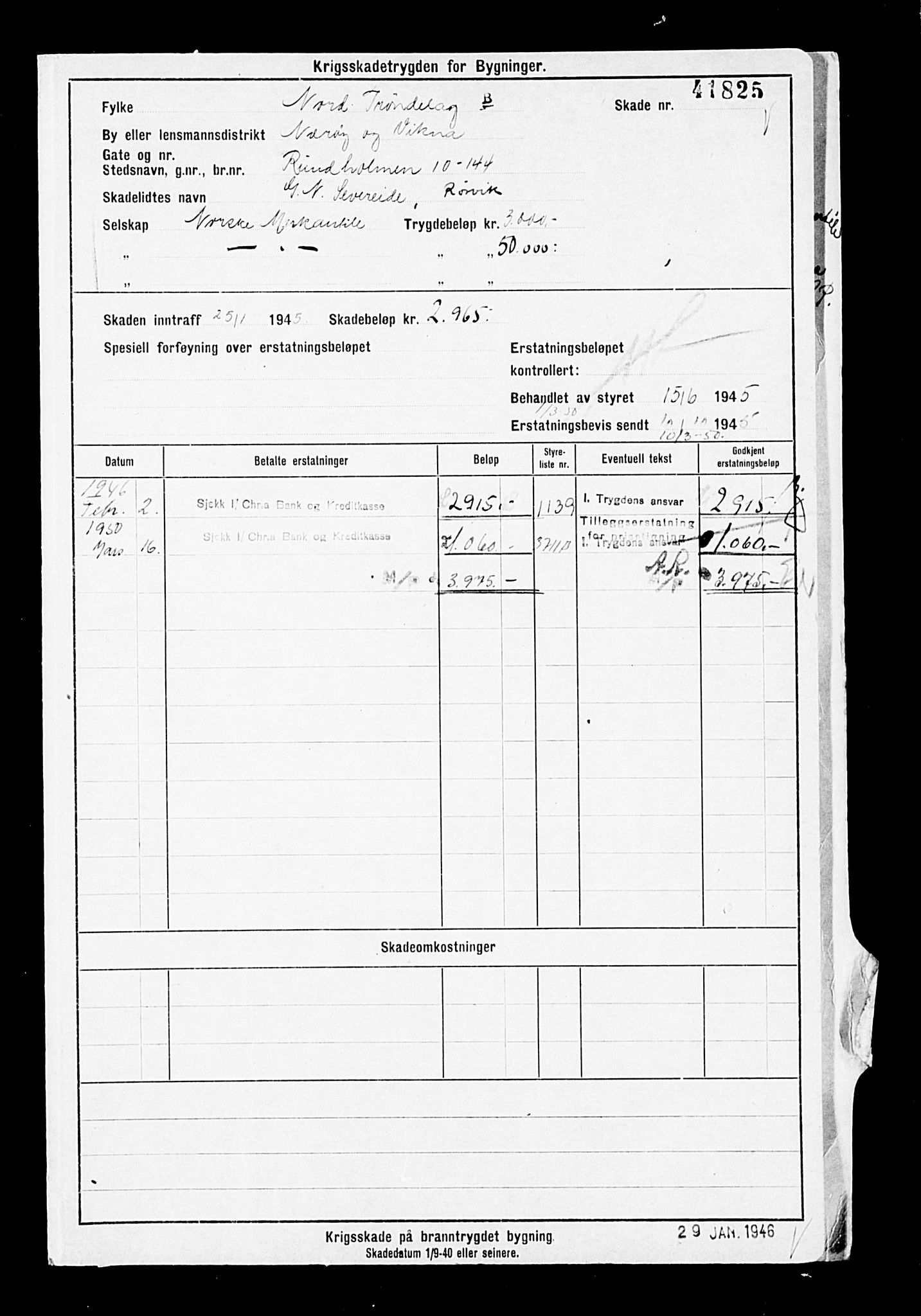 Krigsskadetrygdene for bygninger og løsøre, AV/RA-S-1548/V/L0007: Bygning. Trygdete skader inntruffet etter 1/9-40. Skadenr. 41825-44247. positiv Original, 1940-1945