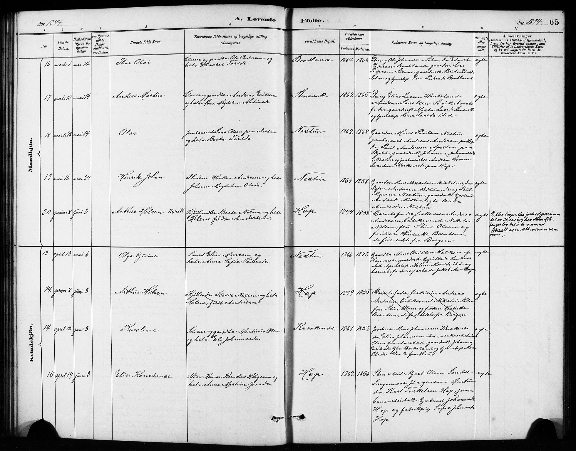 Birkeland Sokneprestembete, AV/SAB-A-74601/H/Hab: Klokkerbok nr. A 4, 1888-1897, s. 65