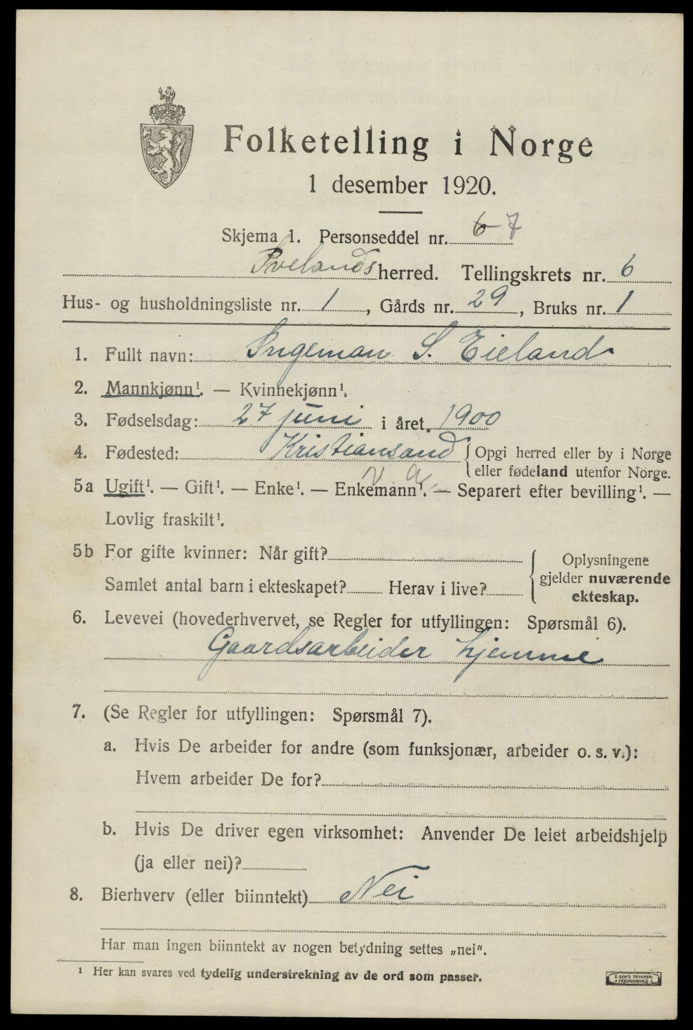 SAK, Folketelling 1920 for 0935 Iveland herred, 1920, s. 1939