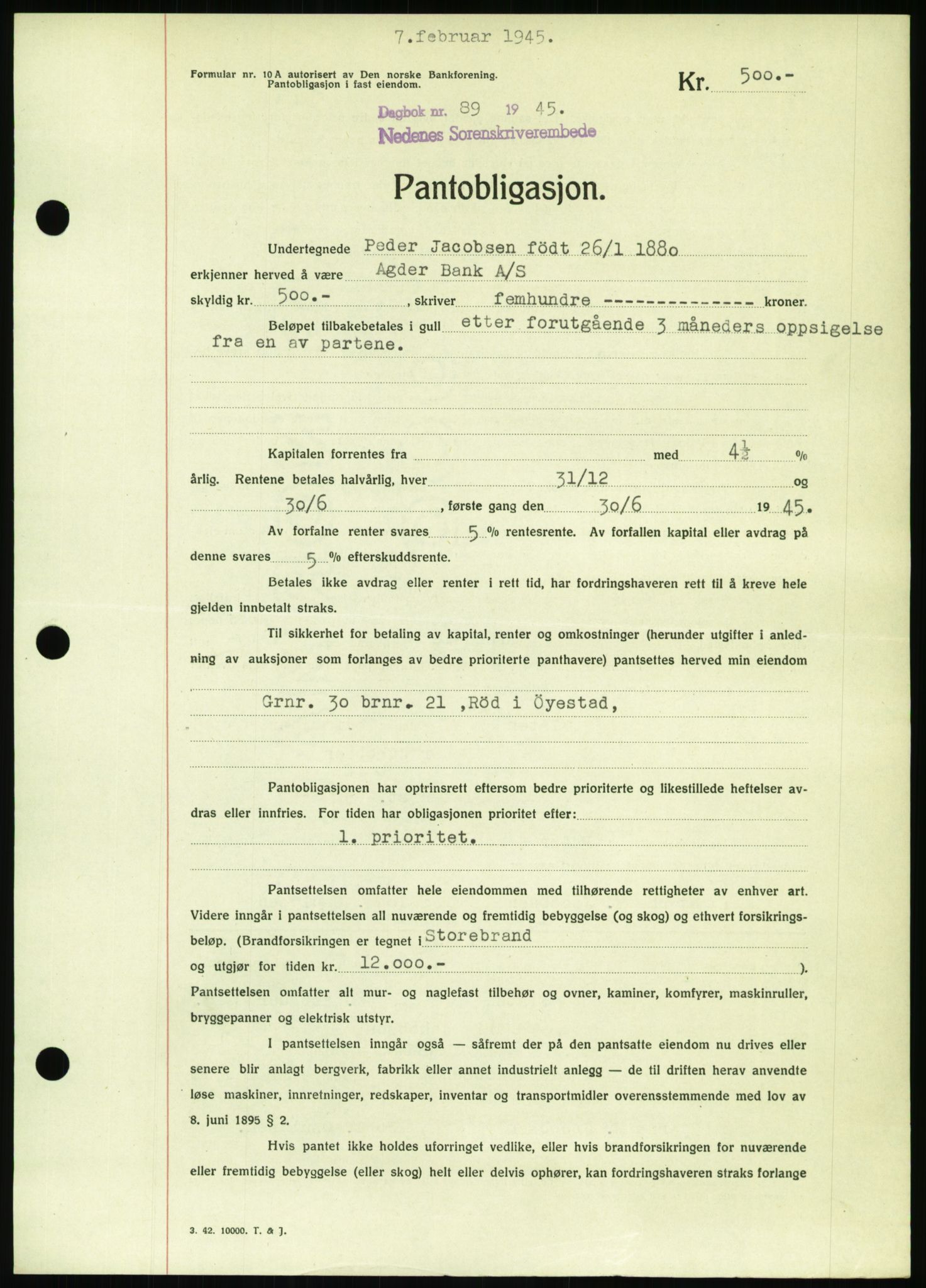 Nedenes sorenskriveri, SAK/1221-0006/G/Gb/Gbb/L0002: Pantebok nr. II, 1942-1945, Dagboknr: 89/1945