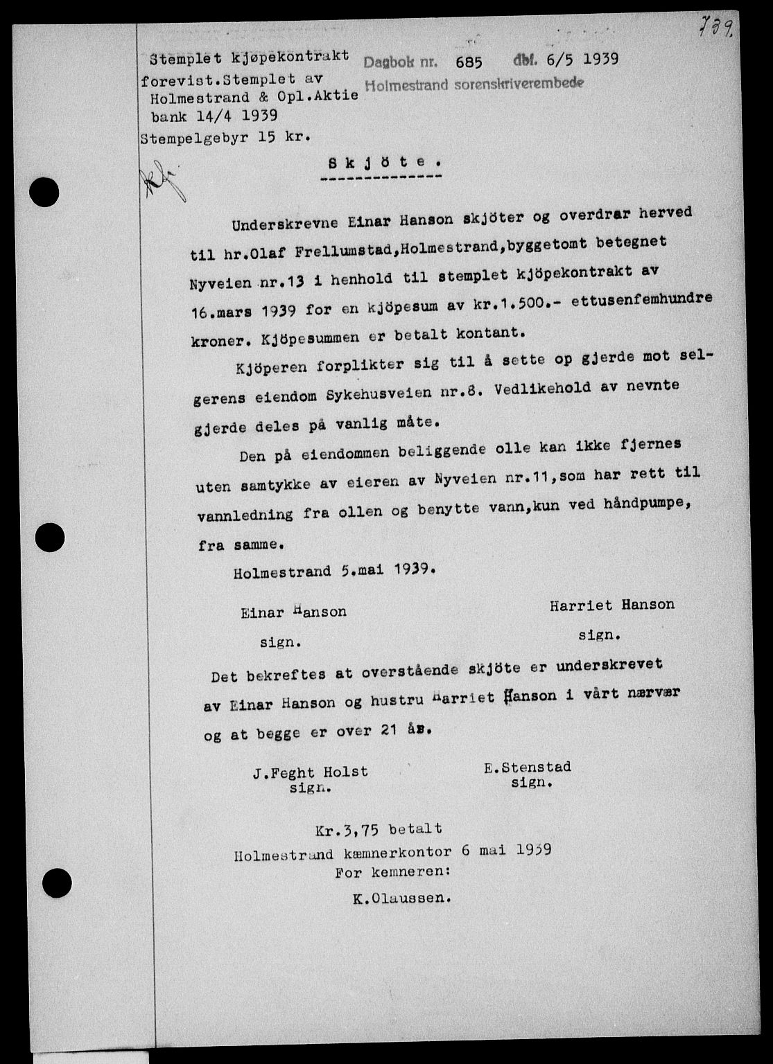 Holmestrand sorenskriveri, SAKO/A-67/G/Ga/Gaa/L0050: Pantebok nr. A-50, 1938-1939, Dagboknr: 685/1939
