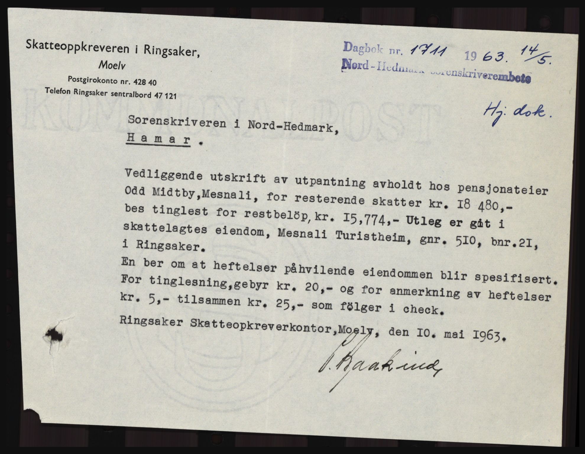 Nord-Hedmark sorenskriveri, SAH/TING-012/H/Hc/L0017: Pantebok nr. 17, 1962-1963, Dagboknr: 1711/1963