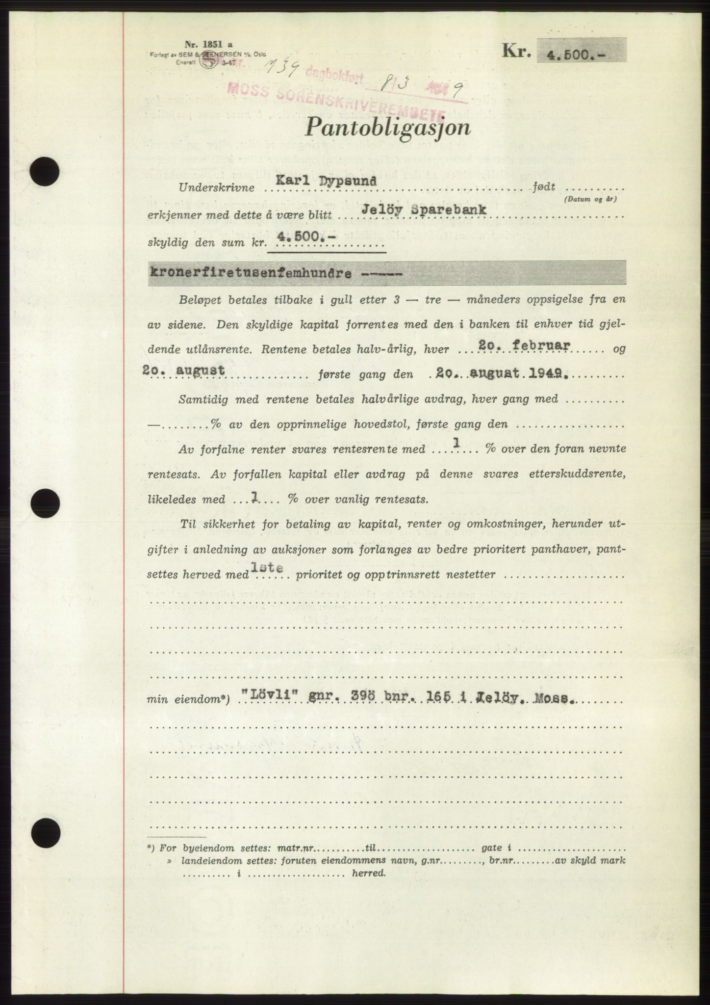 Moss sorenskriveri, SAO/A-10168: Pantebok nr. B21, 1949-1949, Dagboknr: 739/1949