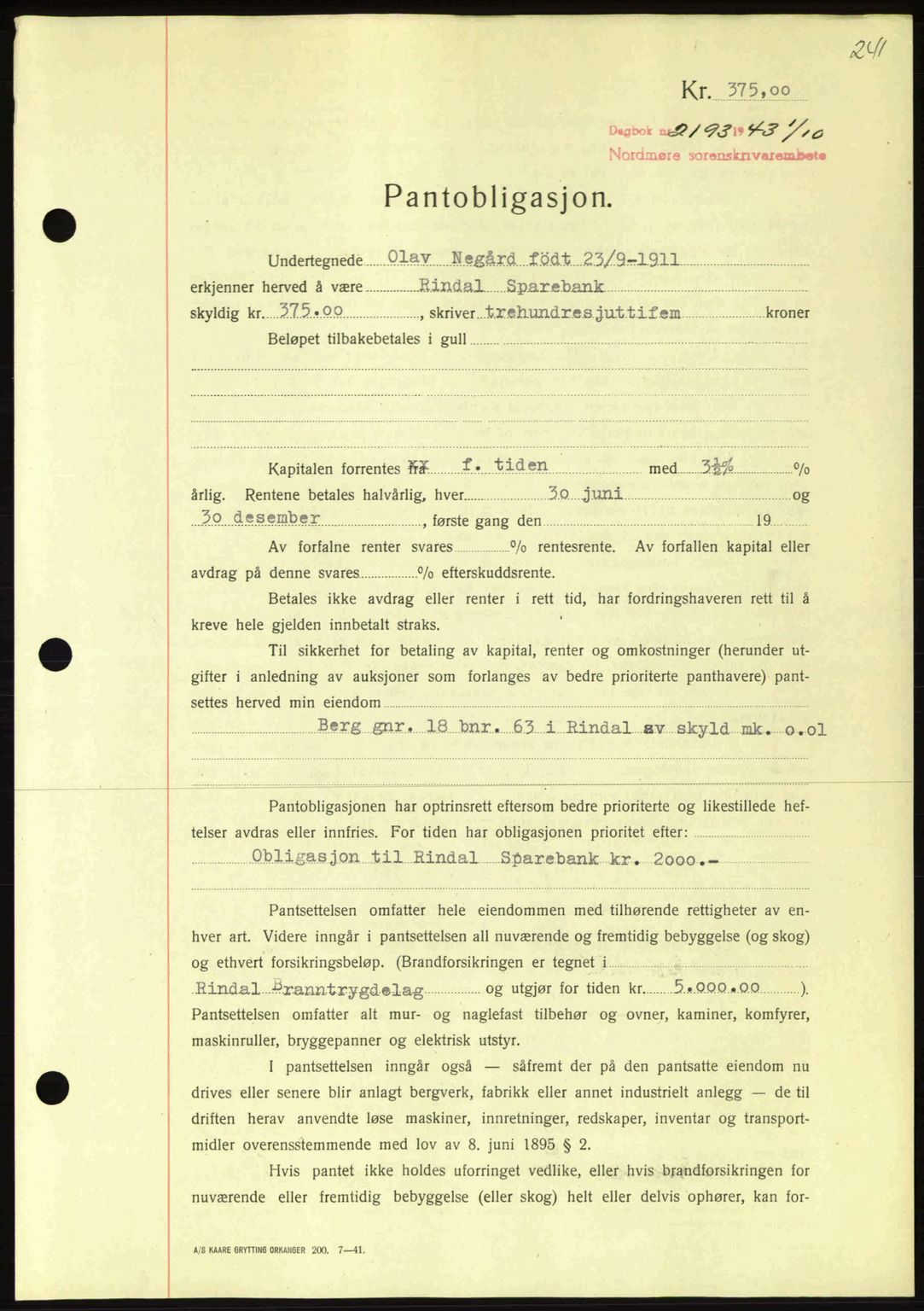 Nordmøre sorenskriveri, AV/SAT-A-4132/1/2/2Ca: Pantebok nr. B91, 1943-1944, Dagboknr: 2193/1943