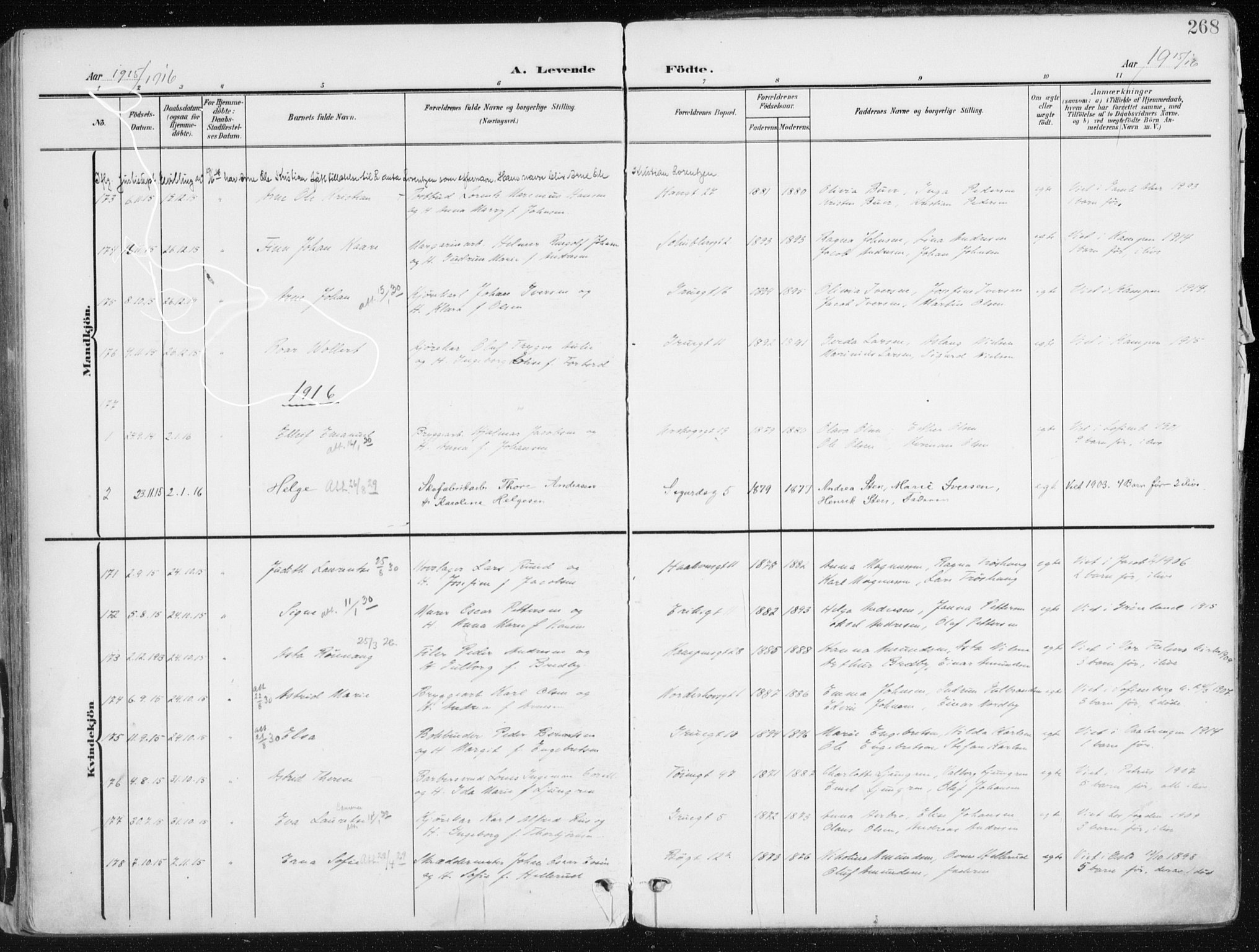 Kampen prestekontor Kirkebøker, AV/SAO-A-10853/F/Fa/L0010: Ministerialbok nr. I 10, 1905-1917, s. 268