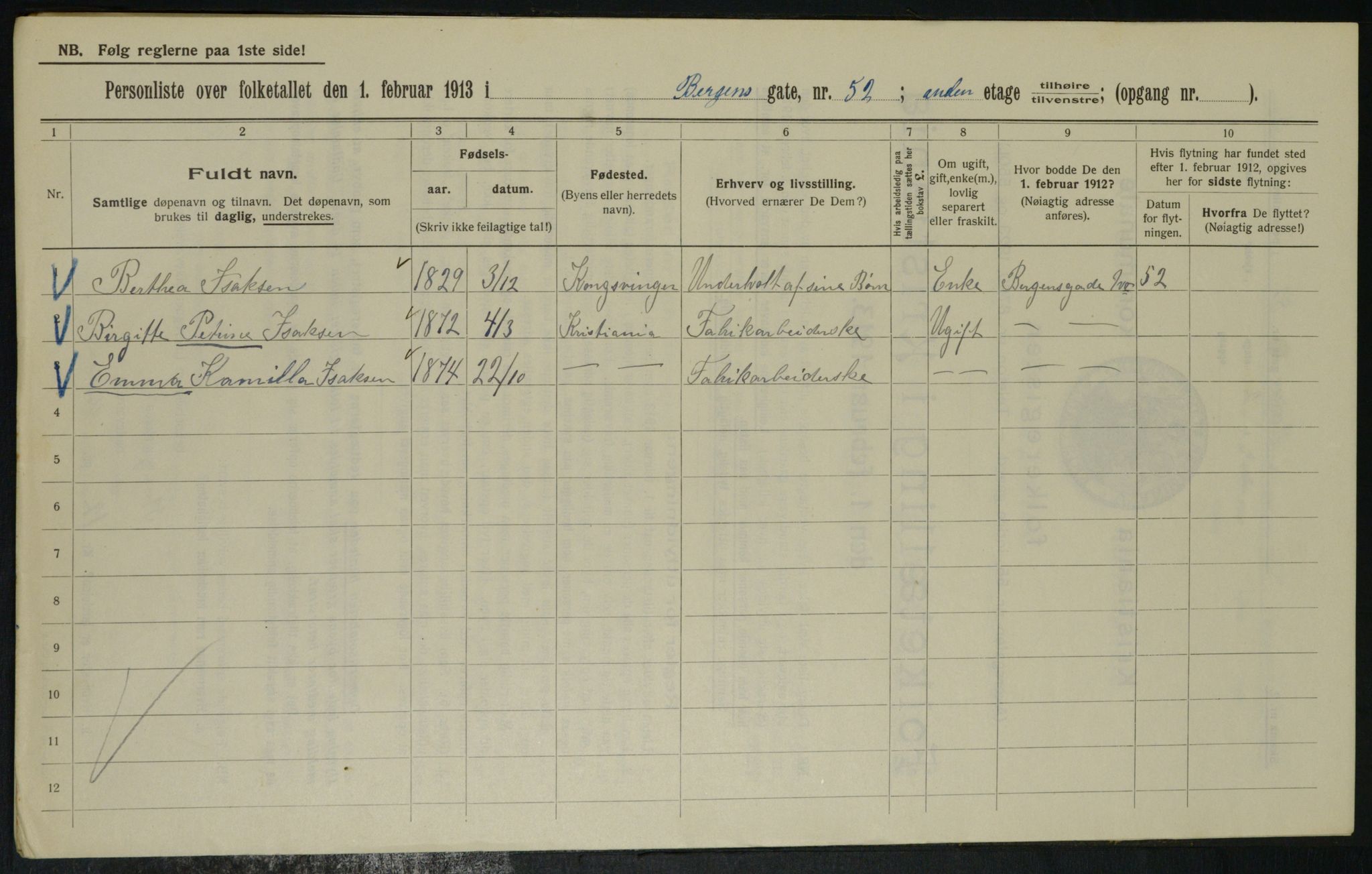 OBA, Kommunal folketelling 1.2.1913 for Kristiania, 1913, s. 3851