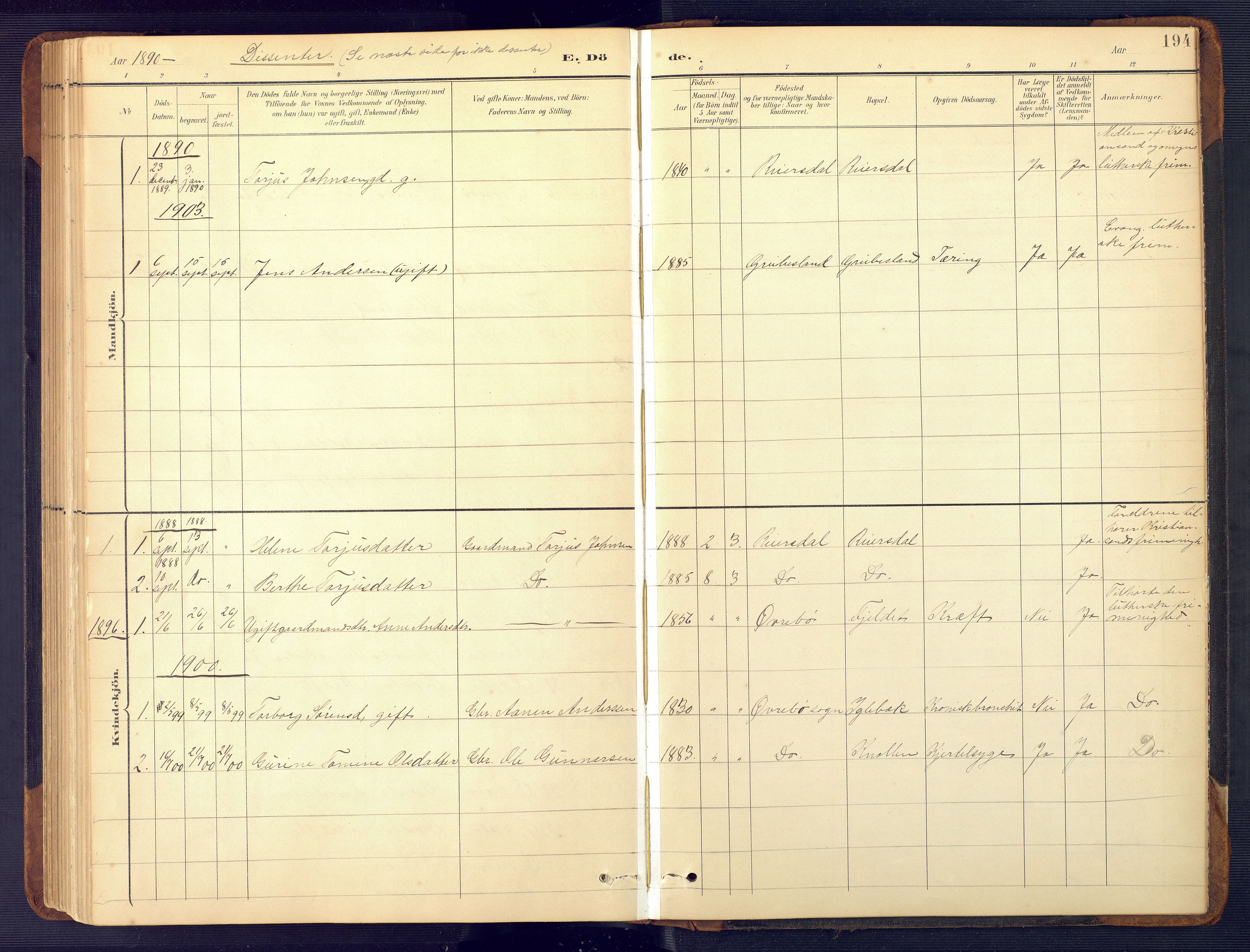 Vennesla sokneprestkontor, AV/SAK-1111-0045/Fb/Fbc/L0003: Klokkerbok nr. B 3, 1895-1946, s. 194