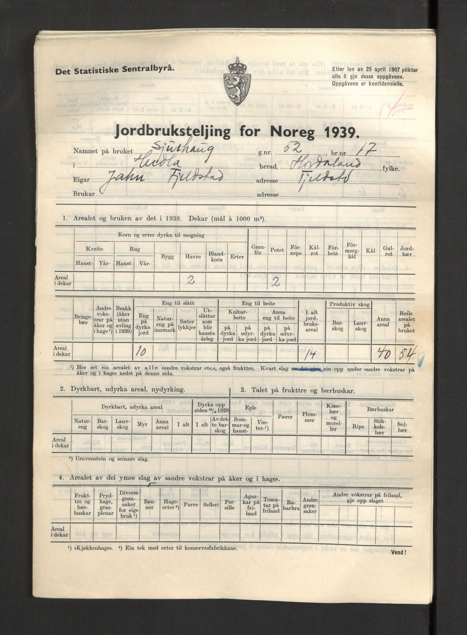 Statistisk sentralbyrå, Næringsøkonomiske emner, Jordbruk, skogbruk, jakt, fiske og fangst, AV/RA-S-2234/G/Gb/L0211: Hordaland: Herdla, Hjelme og Manger, 1939, s. 379