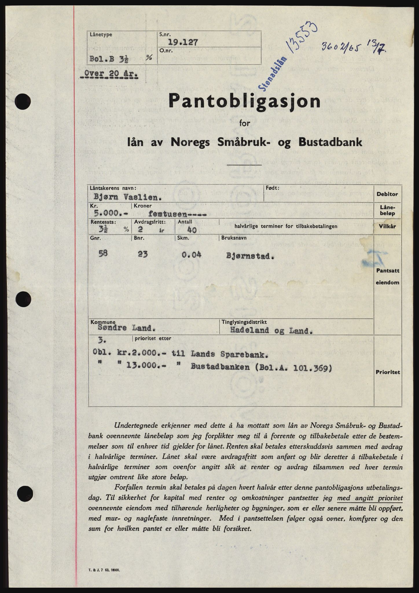 Hadeland og Land tingrett, SAH/TING-010/H/Hb/Hbc/L0059: Pantebok nr. B59, 1965-1965, Dagboknr: 3602/1965