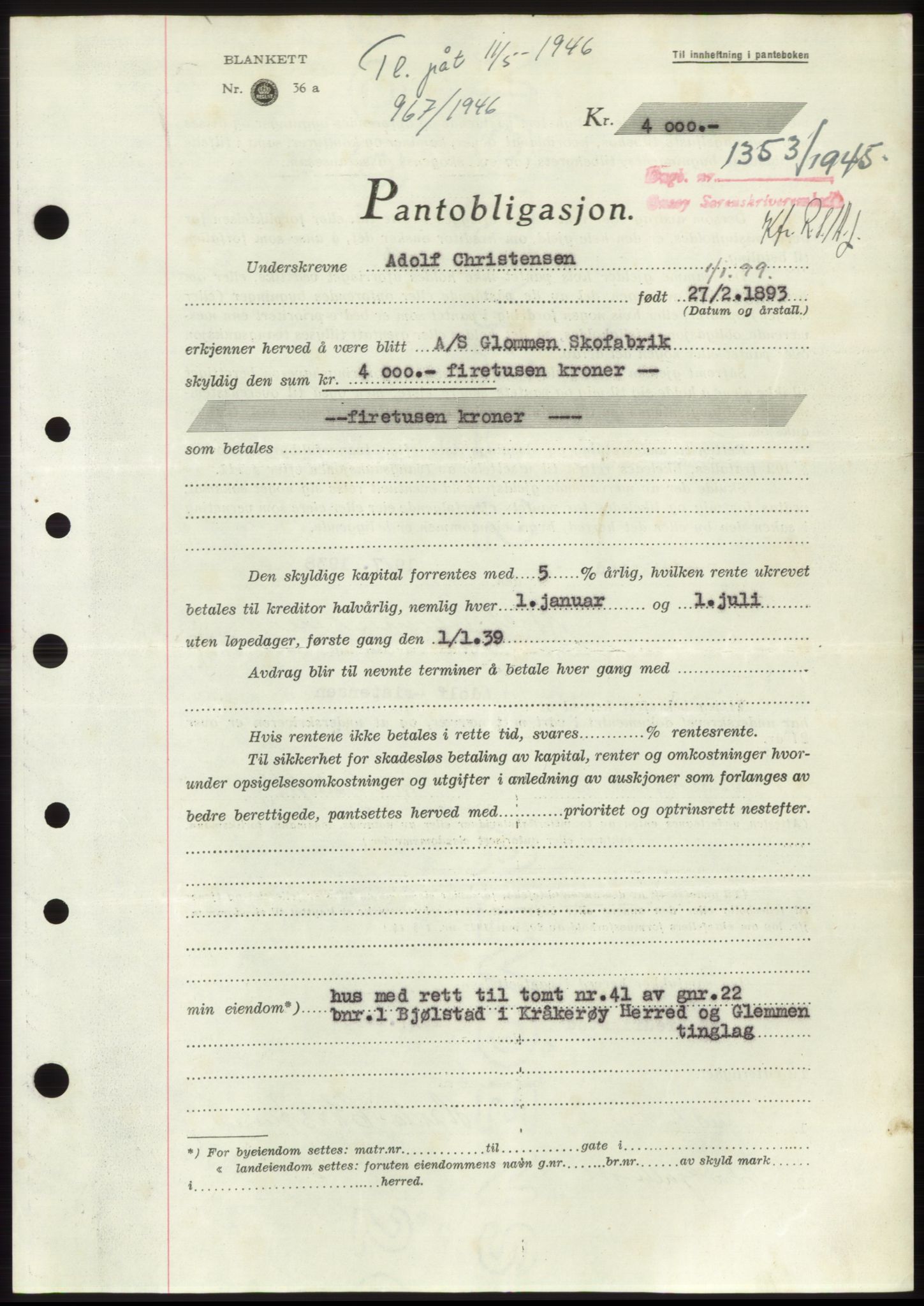 Onsøy sorenskriveri, SAO/A-10474/G/Ga/Gac/L0004: Pantebok nr. B4, 1944-1946, Dagboknr: 1353/1945