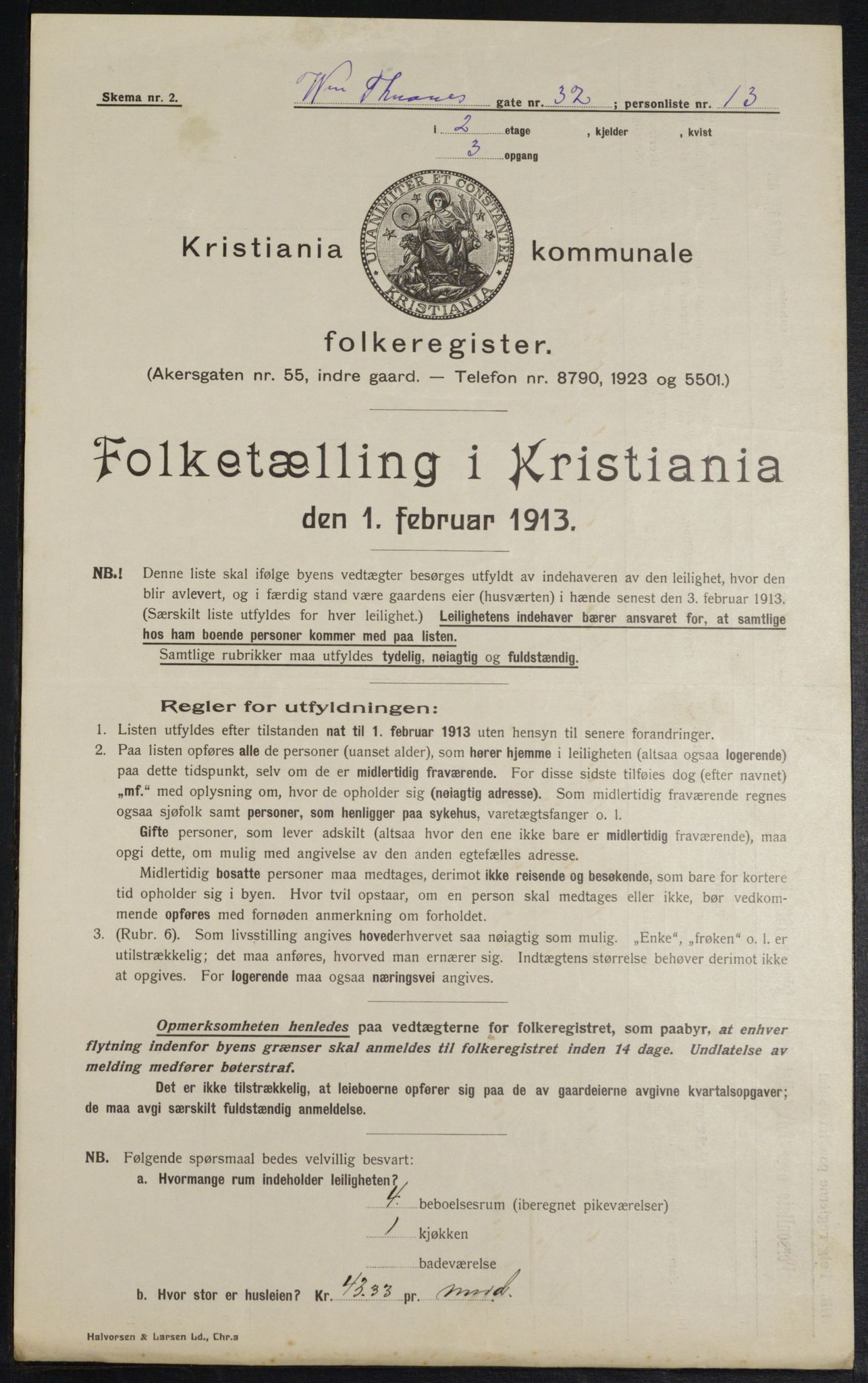 OBA, Kommunal folketelling 1.2.1913 for Kristiania, 1913, s. 126723