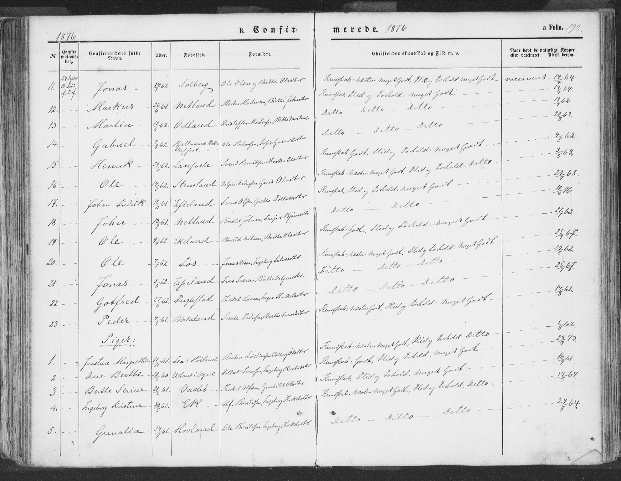 Helleland sokneprestkontor, SAST/A-101810: Ministerialbok nr. A 7.1, 1863-1886, s. 198
