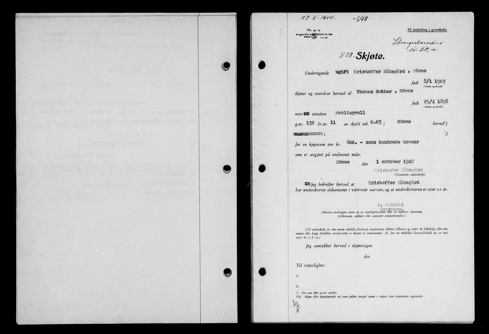 Gauldal sorenskriveri, SAT/A-0014/1/2/2C/L0057: Pantebok nr. 62, 1943-1944, Dagboknr: 528/1944