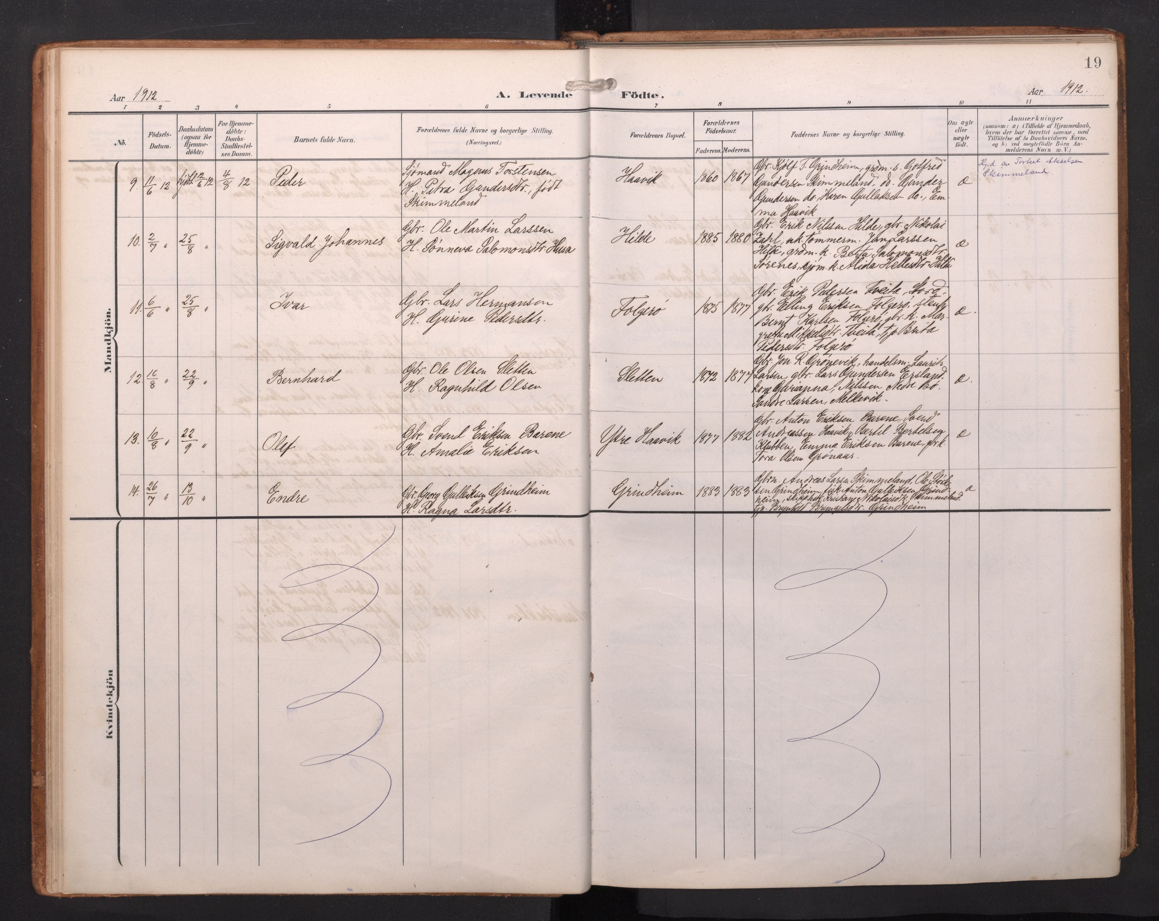 Finnås sokneprestembete, AV/SAB-A-99925/H/Ha/Haa/Haab/L0003: Ministerialbok nr. B 3, 1907-1923, s. 19