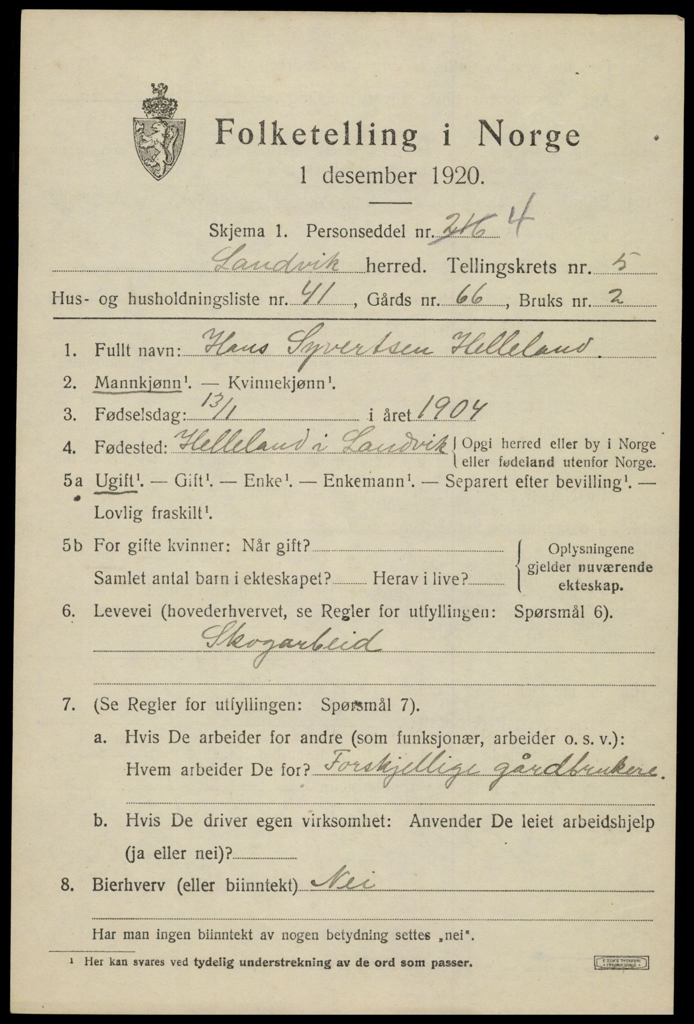 SAK, Folketelling 1920 for 0924 Landvik herred, 1920, s. 4440