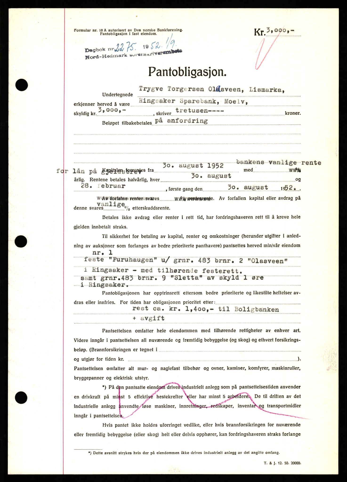 Nord-Hedmark sorenskriveri, SAH/TING-012/H/Hb/Hbf/L0025: Pantebok nr. B25, 1952-1952, Dagboknr: 2275/1952