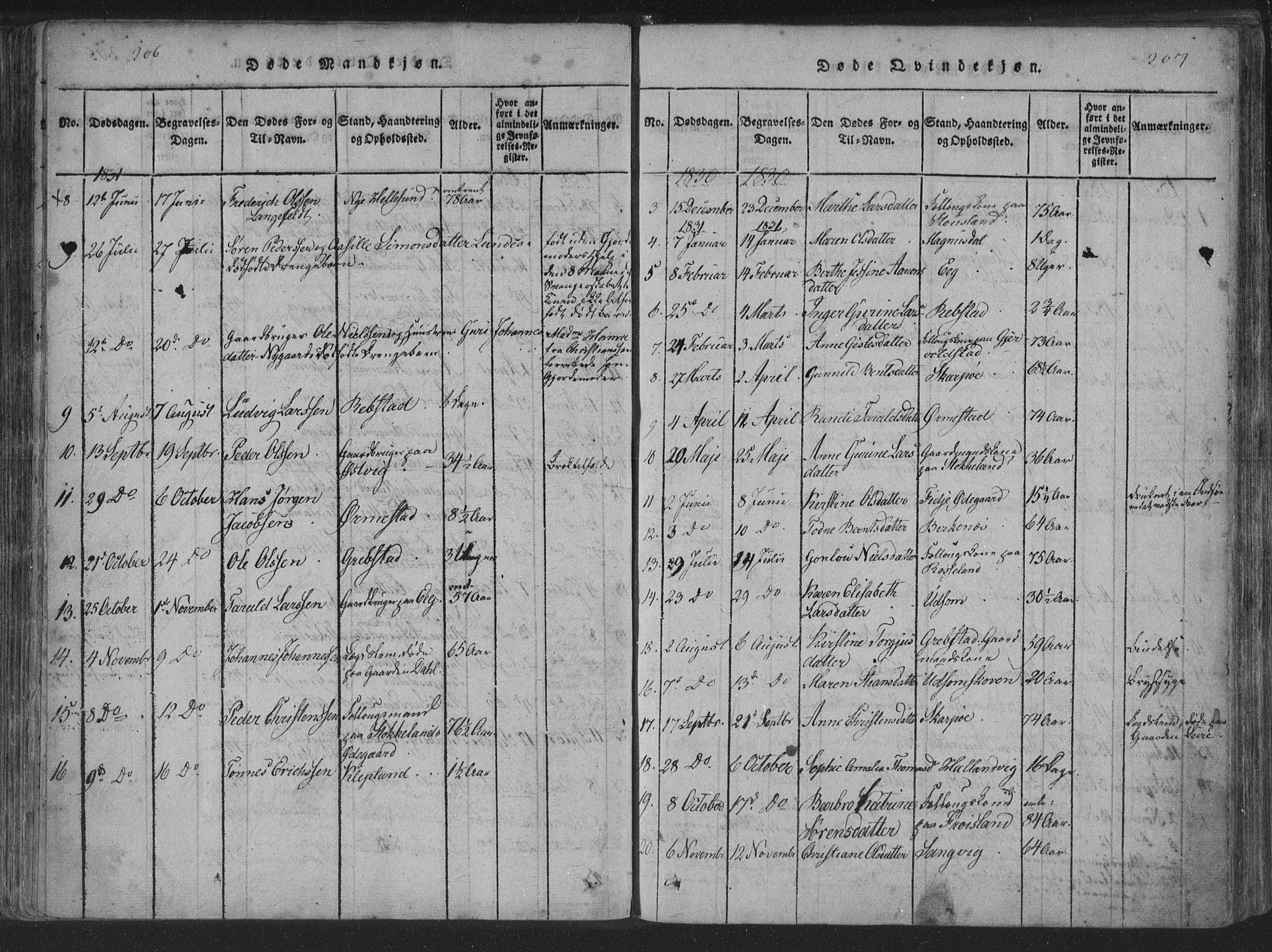 Søgne sokneprestkontor, AV/SAK-1111-0037/F/Fa/Fab/L0008: Ministerialbok nr. A 8, 1821-1838, s. 206-207