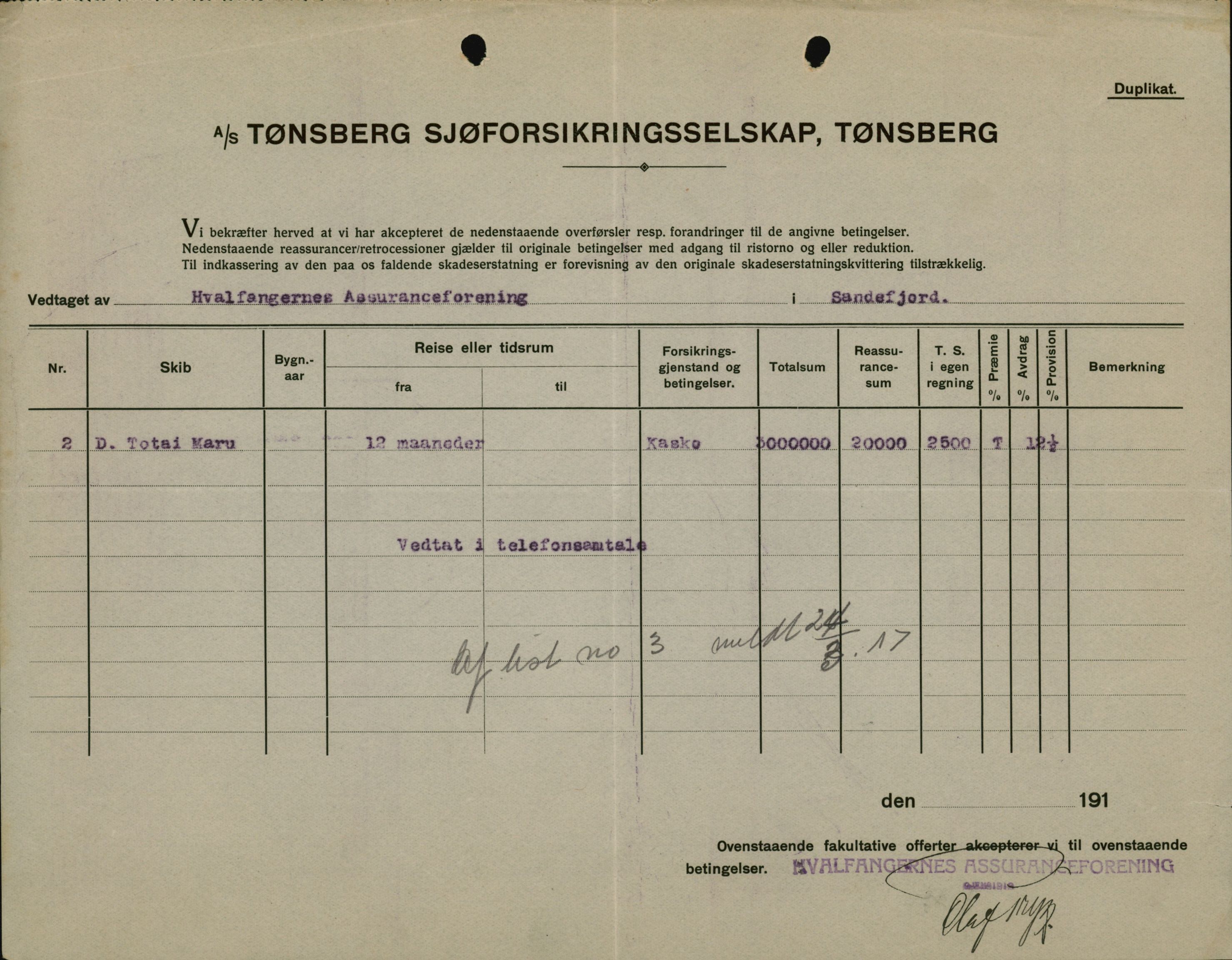 Pa 664 - Tønsberg Sjøforsikringsselskap, VEMU/A-1773/F/L0001: Forsikringspoliser, 1915-1918