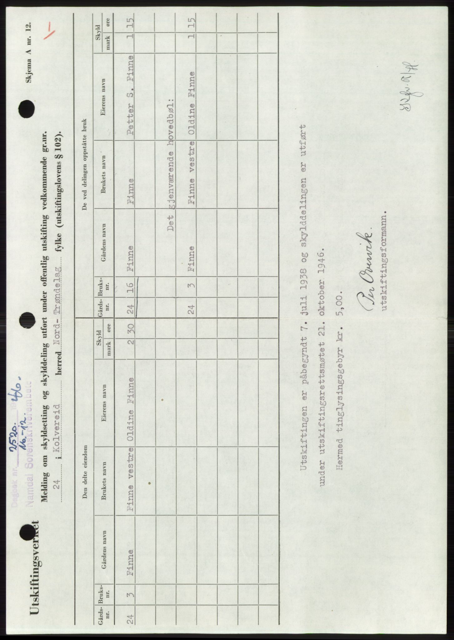 Namdal sorenskriveri, SAT/A-4133/1/2/2C: Pantebok nr. -, 1946-1947, Dagboknr: 2520/1946