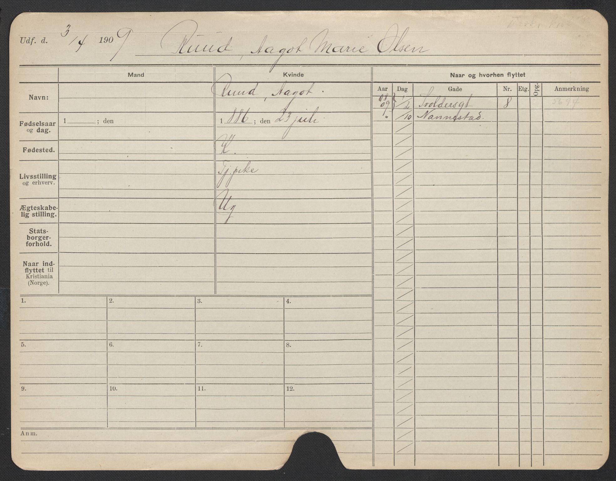 Oslo folkeregister, Registerkort, SAO/A-11715/F/Fa/Fac/L0023: Kvinner, 1906-1914, s. 302a