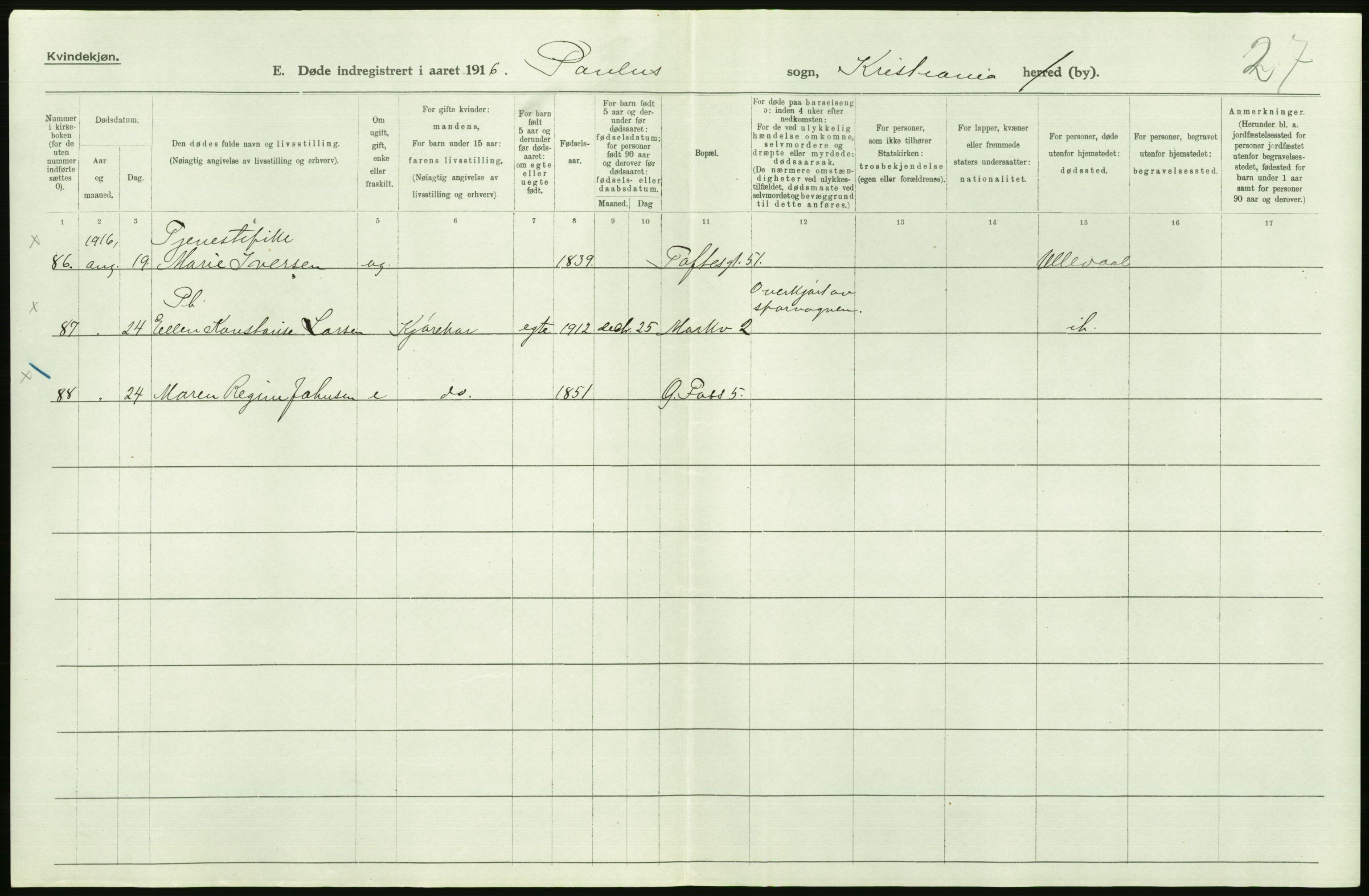 Statistisk sentralbyrå, Sosiodemografiske emner, Befolkning, AV/RA-S-2228/D/Df/Dfb/Dfbf/L0009: Kristiania: Døde., 1916, s. 24