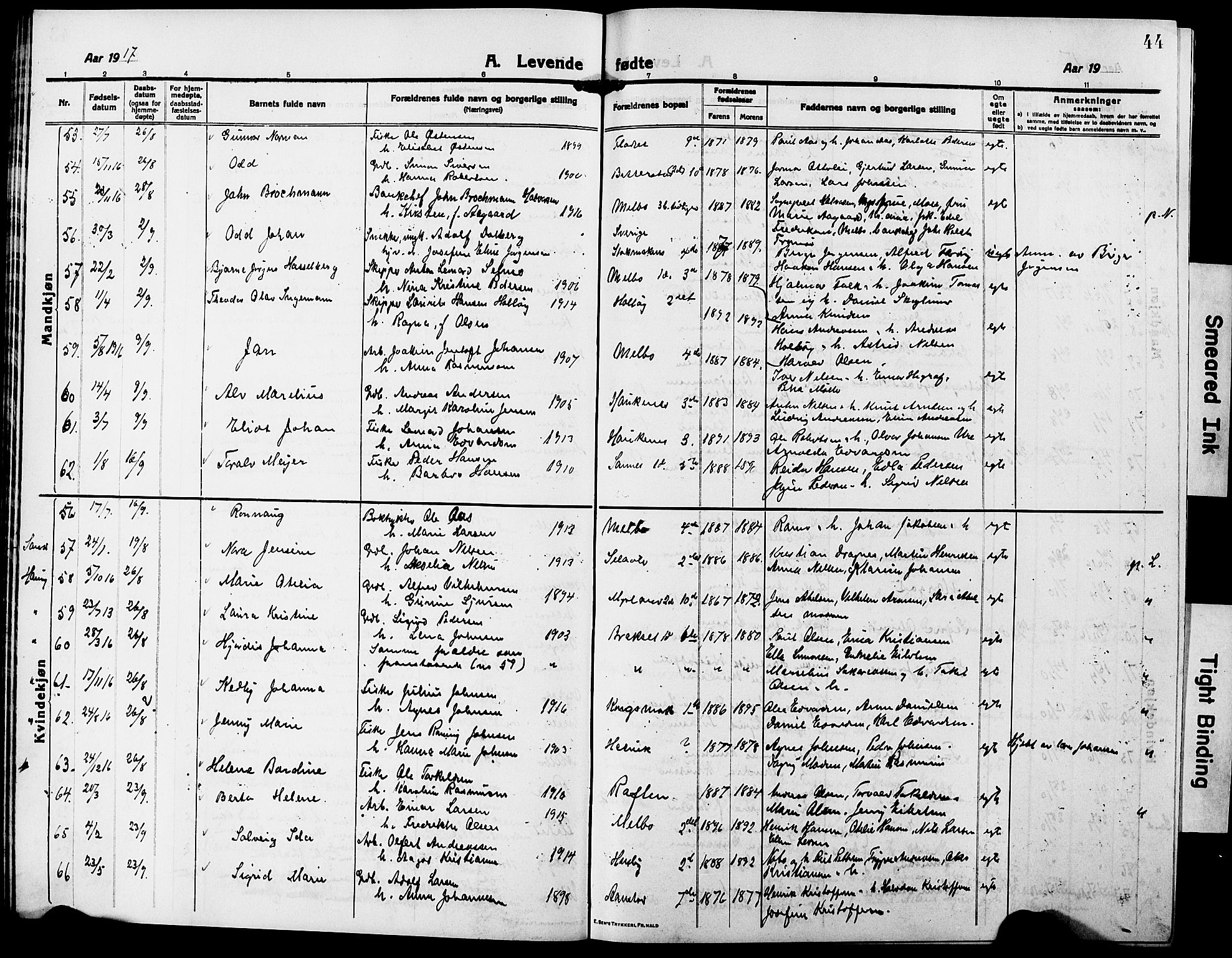 Ministerialprotokoller, klokkerbøker og fødselsregistre - Nordland, AV/SAT-A-1459/888/L1269: Klokkerbok nr. 888C07, 1913-1927, s. 44