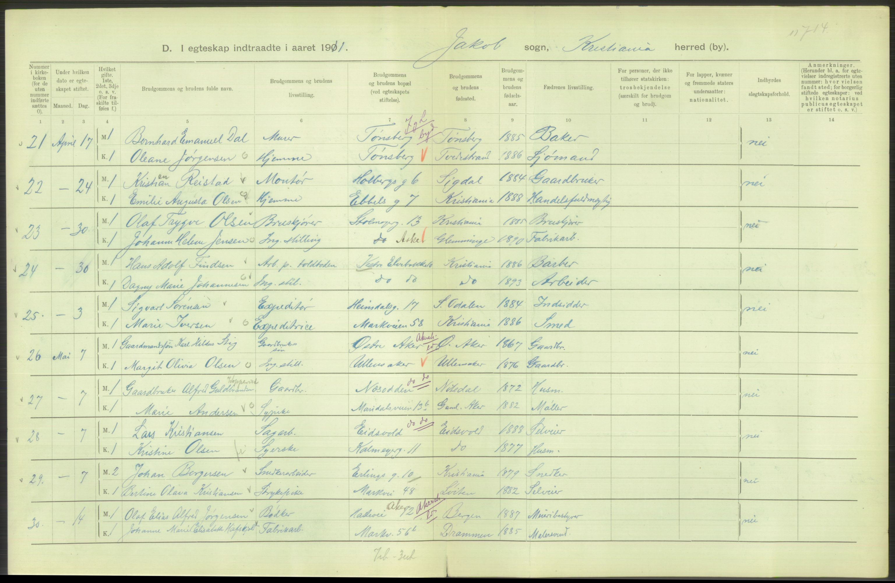 Statistisk sentralbyrå, Sosiodemografiske emner, Befolkning, AV/RA-S-2228/D/Df/Dfb/Dfba/L0008: Kristiania: Gifte, 1911, s. 118