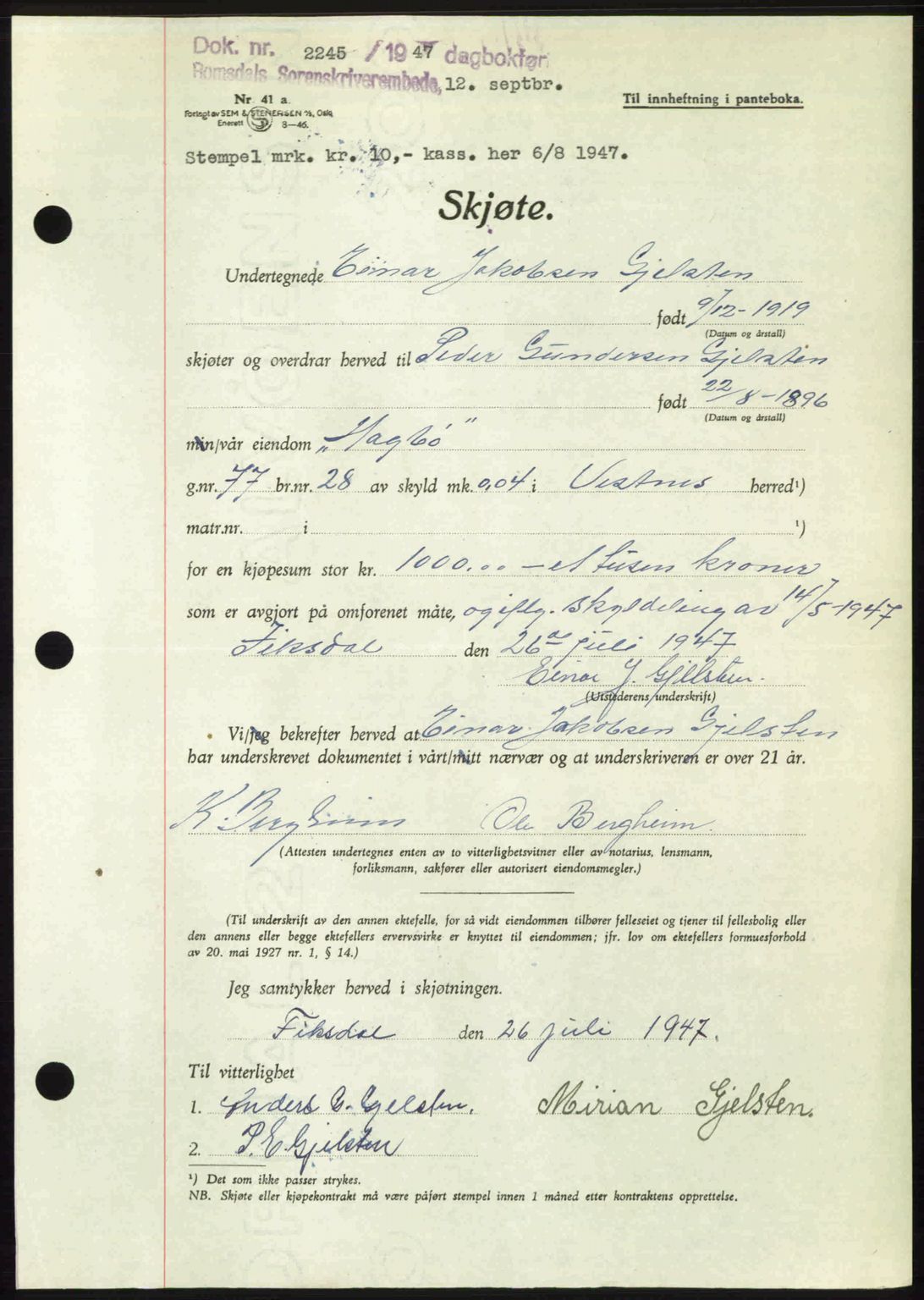 Romsdal sorenskriveri, AV/SAT-A-4149/1/2/2C: Pantebok nr. A24, 1947-1947, Dagboknr: 2245/1947
