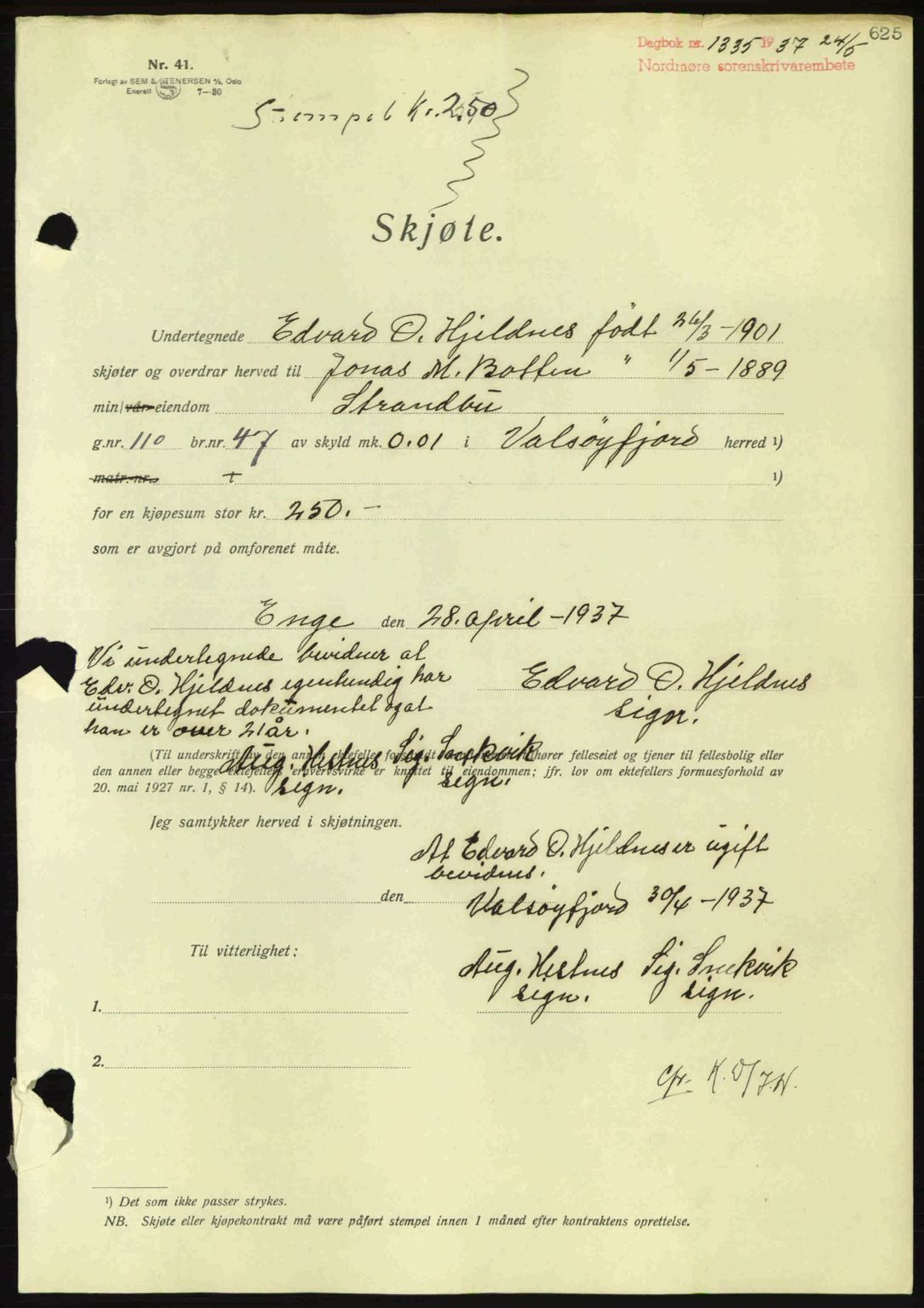 Nordmøre sorenskriveri, SAT/A-4132/1/2/2Ca: Pantebok nr. A81, 1937-1937, Dagboknr: 1335/1937