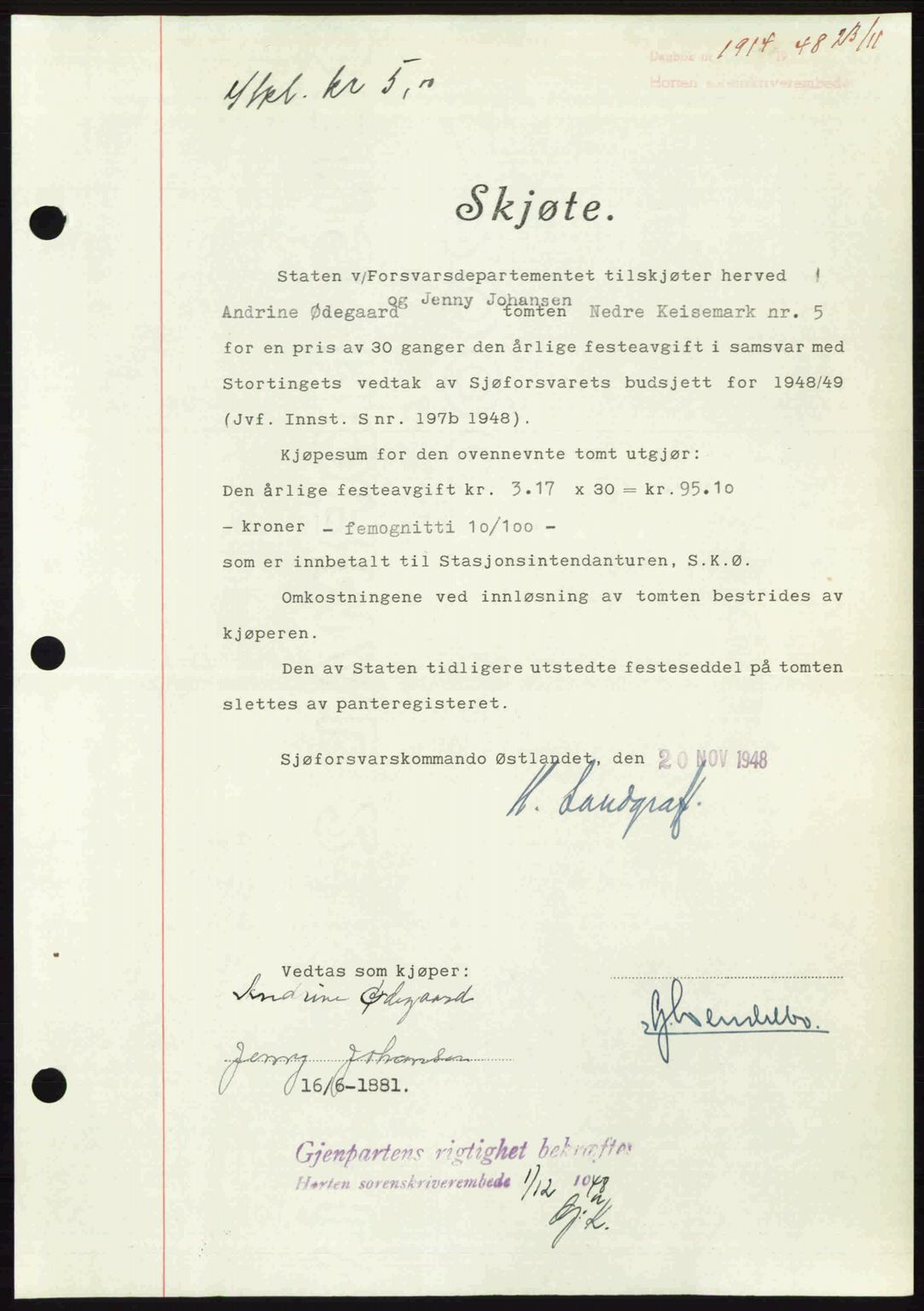 Horten sorenskriveri, SAKO/A-133/G/Ga/Gaa/L0011: Pantebok nr. A-11, 1948-1948, Dagboknr: 1914/1948
