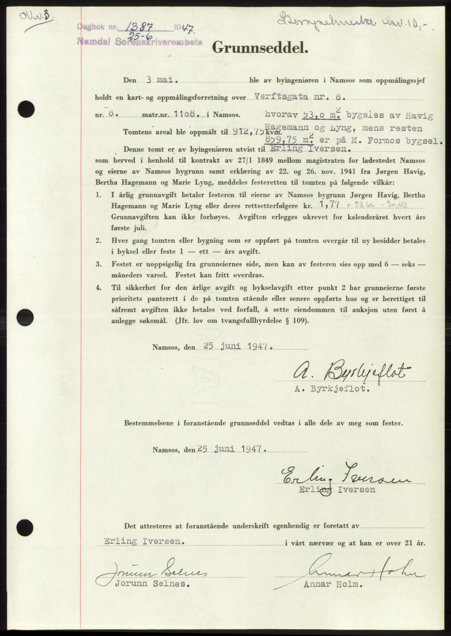 Namdal sorenskriveri, SAT/A-4133/1/2/2C: Pantebok nr. -, 1947-1947, Dagboknr: 1387/1947